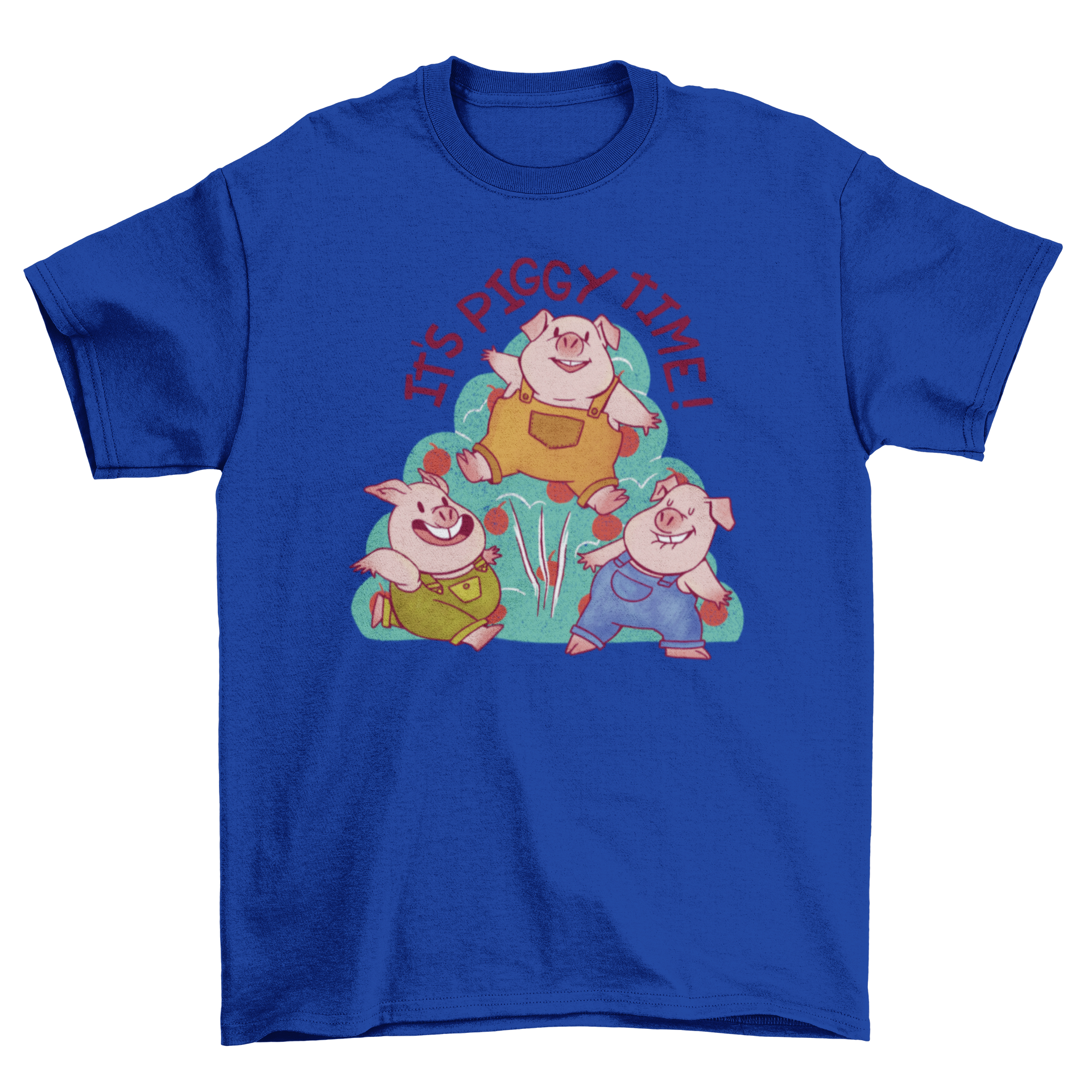 Cute t-shirt featuring three pigs in overalls with the quote 'It's piggy time', perfect for farm animal lovers.