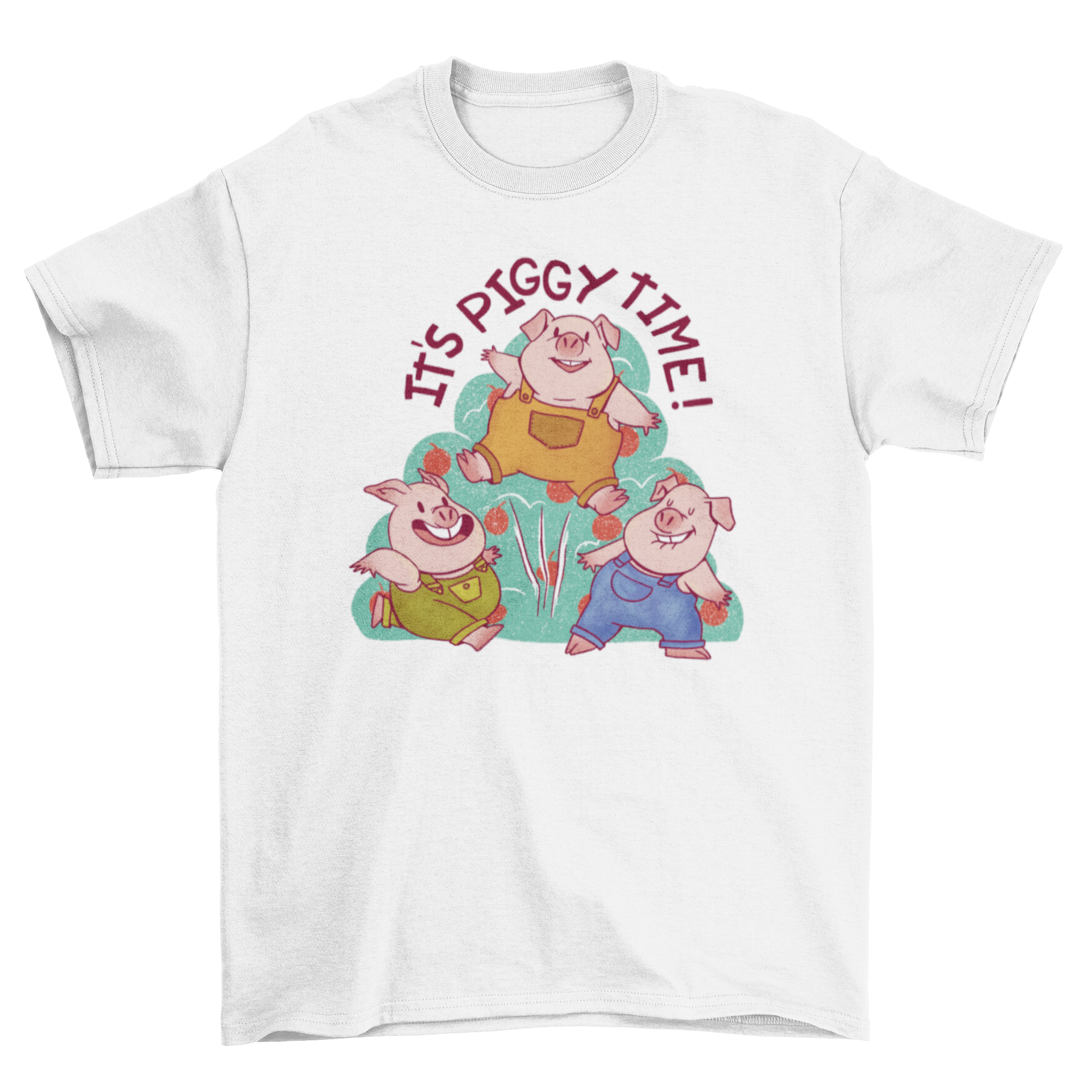 Cute t-shirt featuring three pigs in overalls with the quote 'It's piggy time', perfect for farm animal lovers.