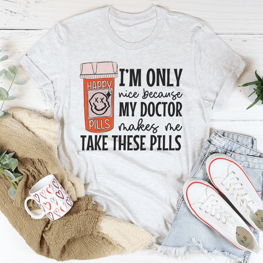 Happy Pills T-Shirt made from soft ring-spun cotton, featuring double stitching for durability and vibrant DTG printing.