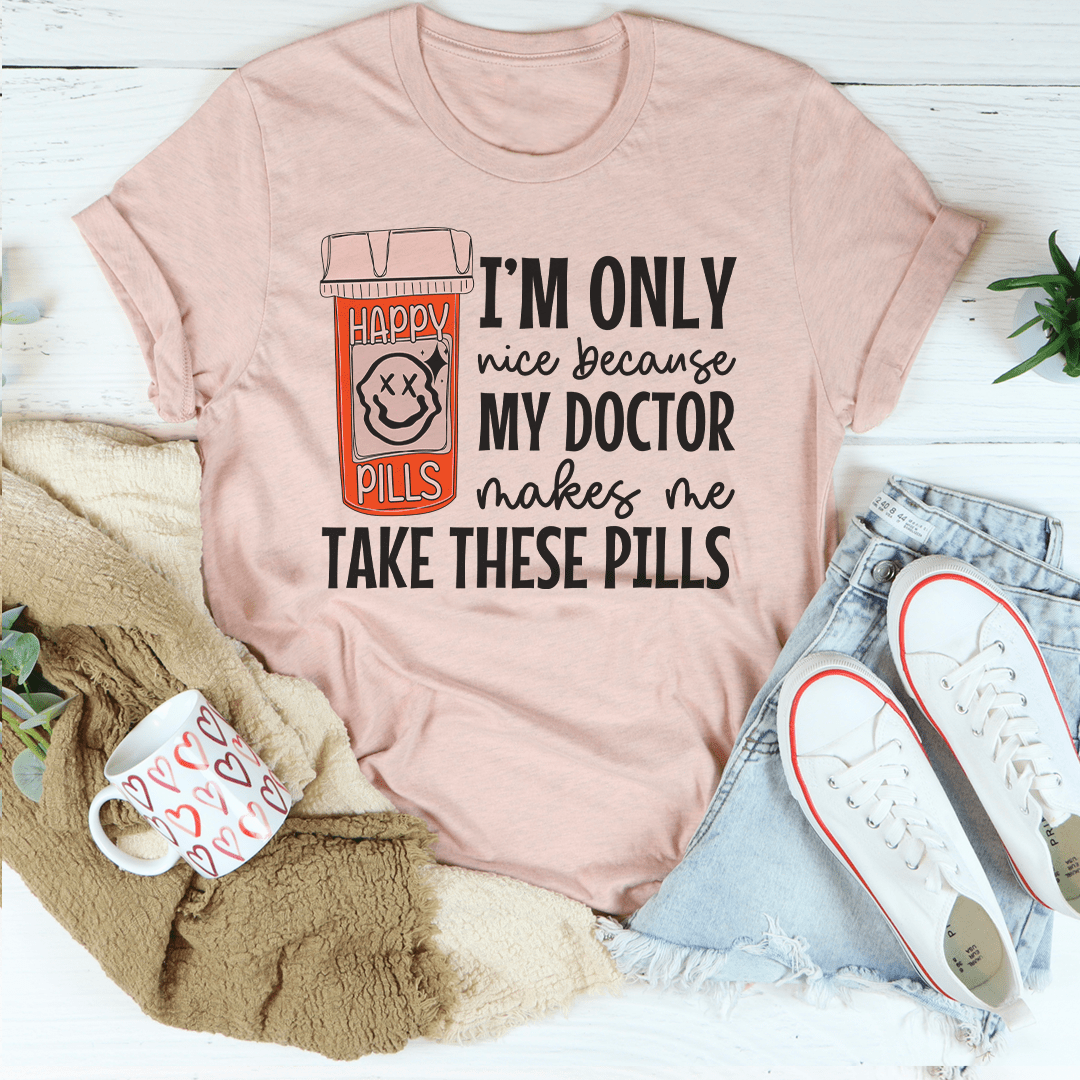 Happy Pills T-Shirt made from soft ring-spun cotton, featuring double stitching for durability and vibrant DTG printing.