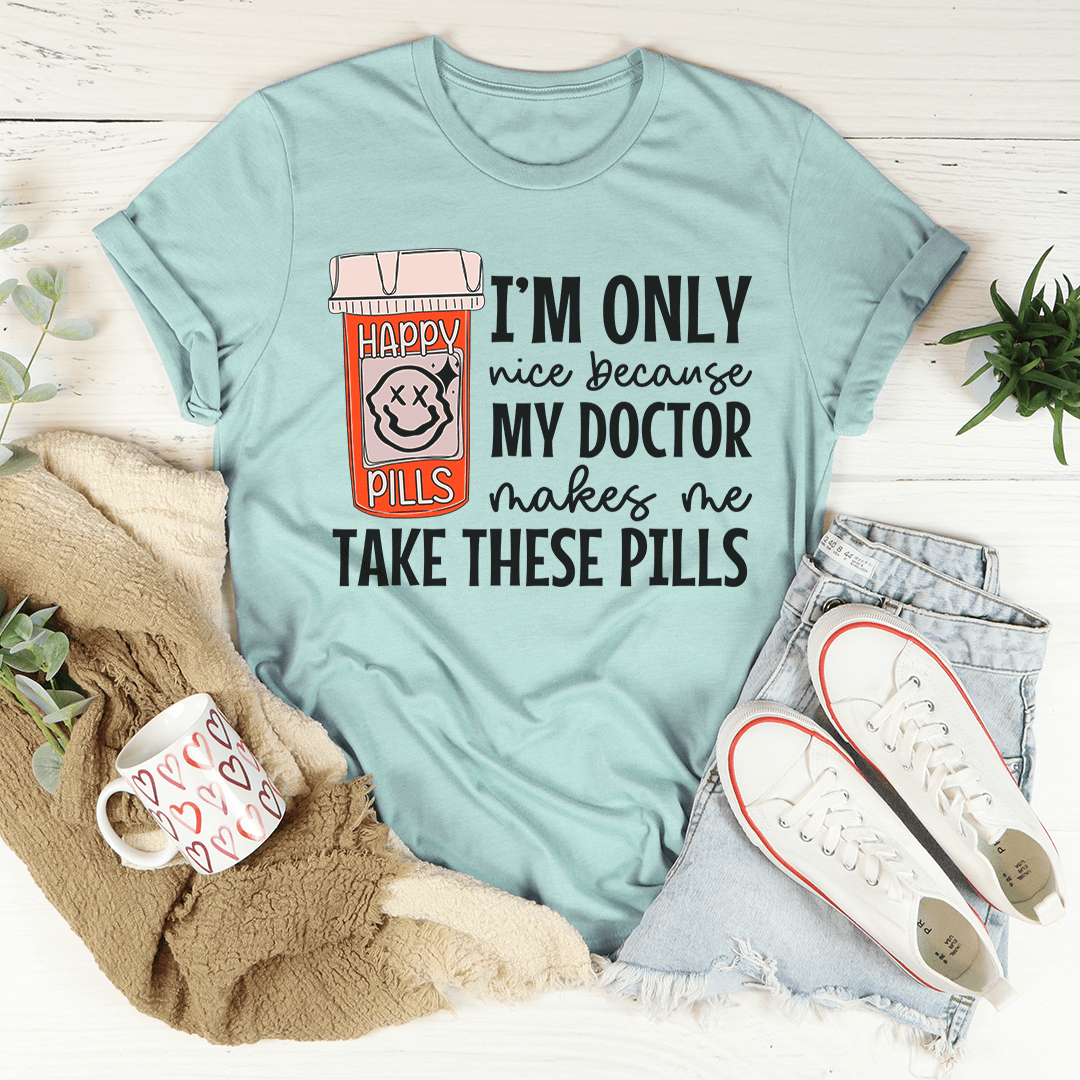 Happy Pills T-Shirt made from soft ring-spun cotton, featuring double stitching for durability and vibrant DTG printing.