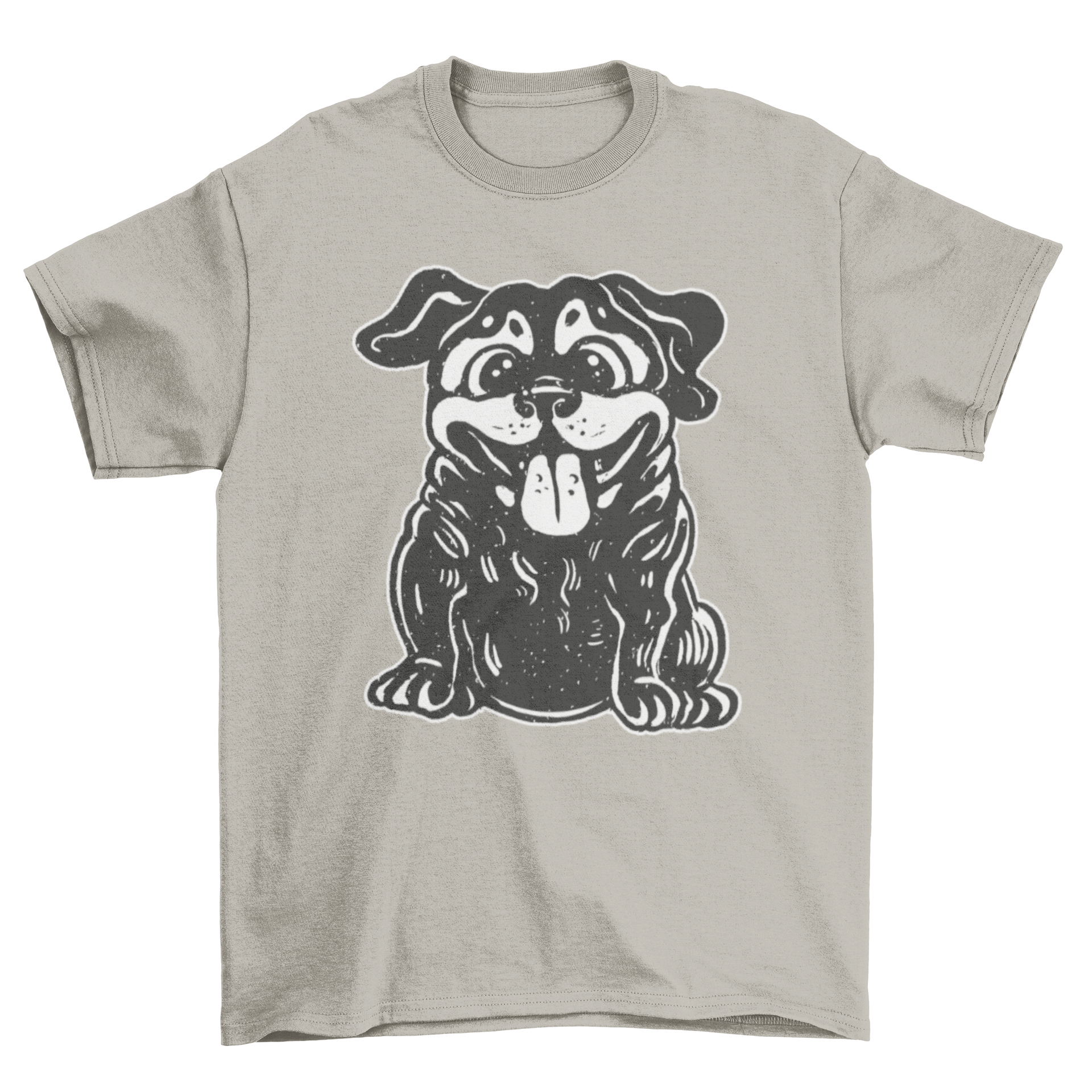 A cheerful t-shirt featuring a happy puppy sitting down, showcasing a playful and fun design.