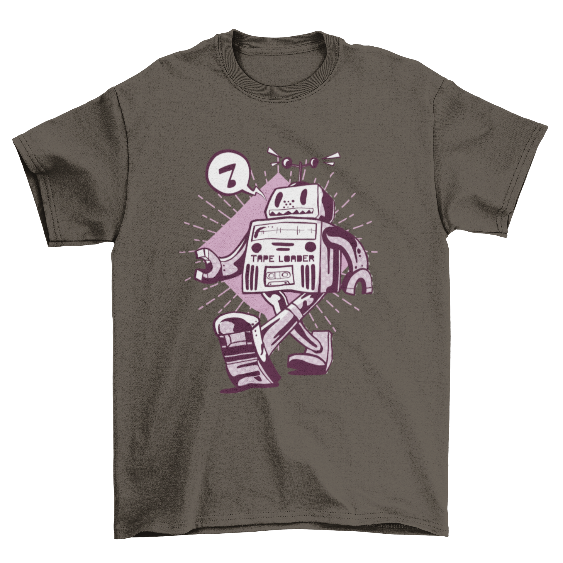 A graphic t-shirt featuring a cheerful robot singing while walking, showcasing a fun and geeky design.