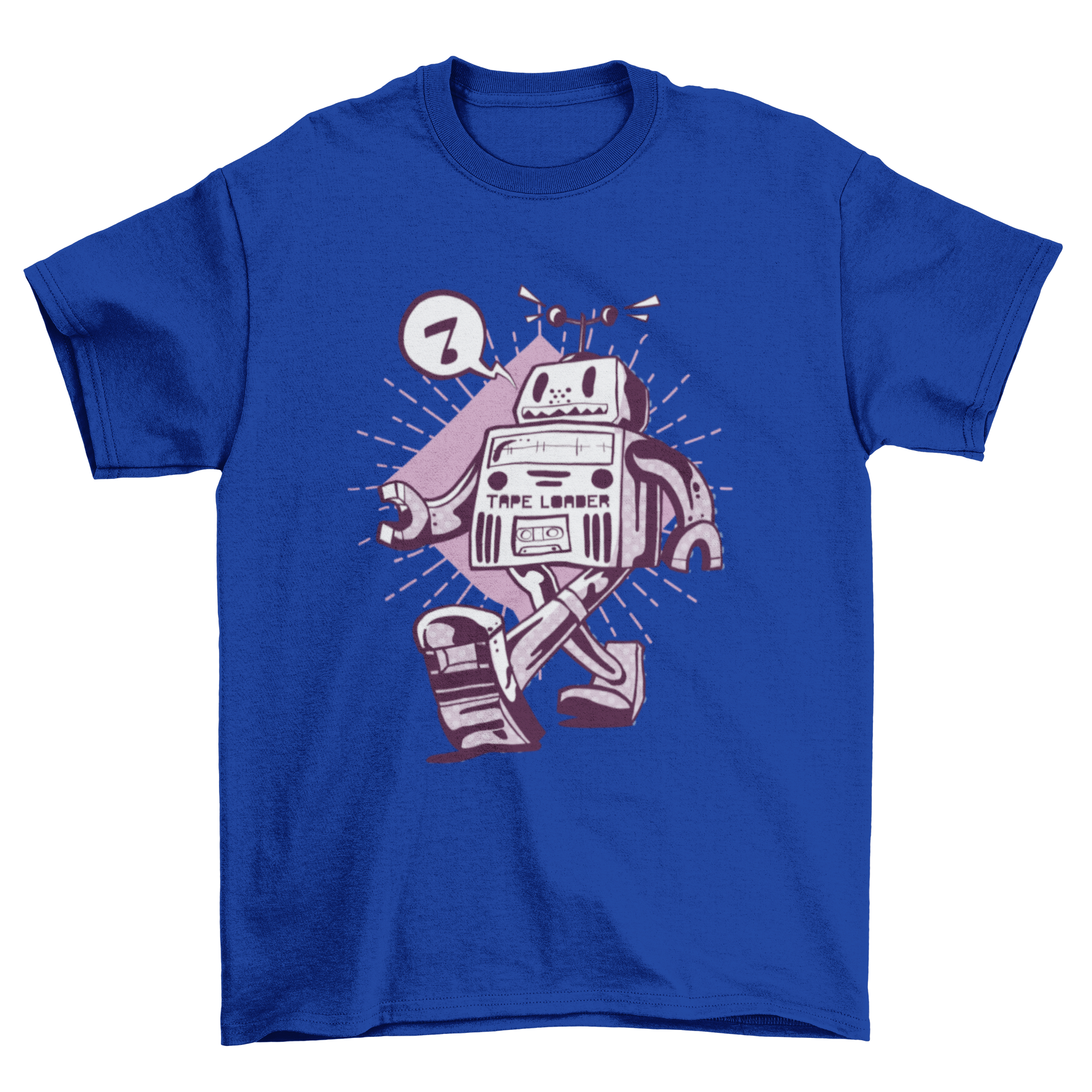 A graphic t-shirt featuring a cheerful robot singing while walking, showcasing a fun and geeky design.