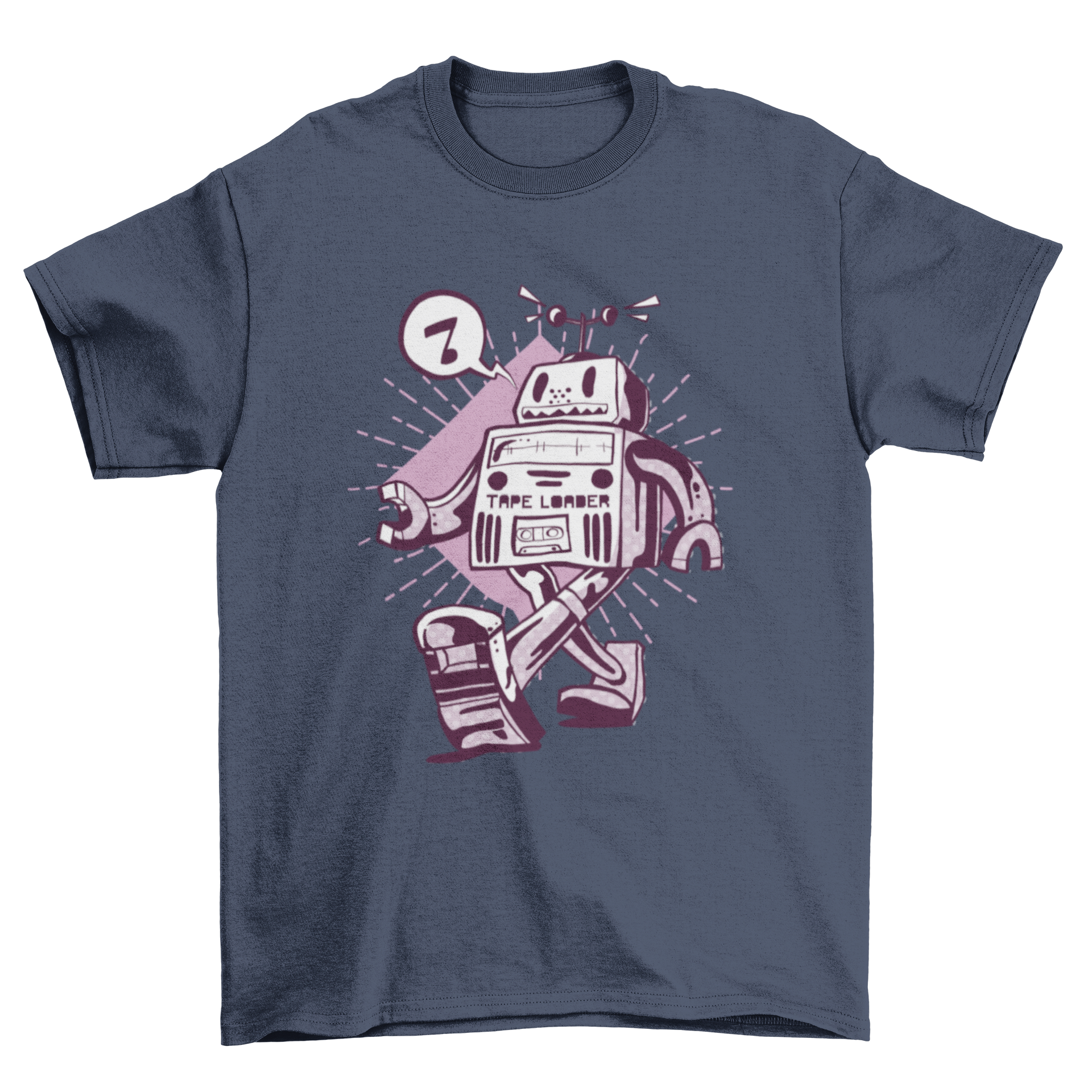 A graphic t-shirt featuring a cheerful robot singing while walking, showcasing a fun and geeky design.