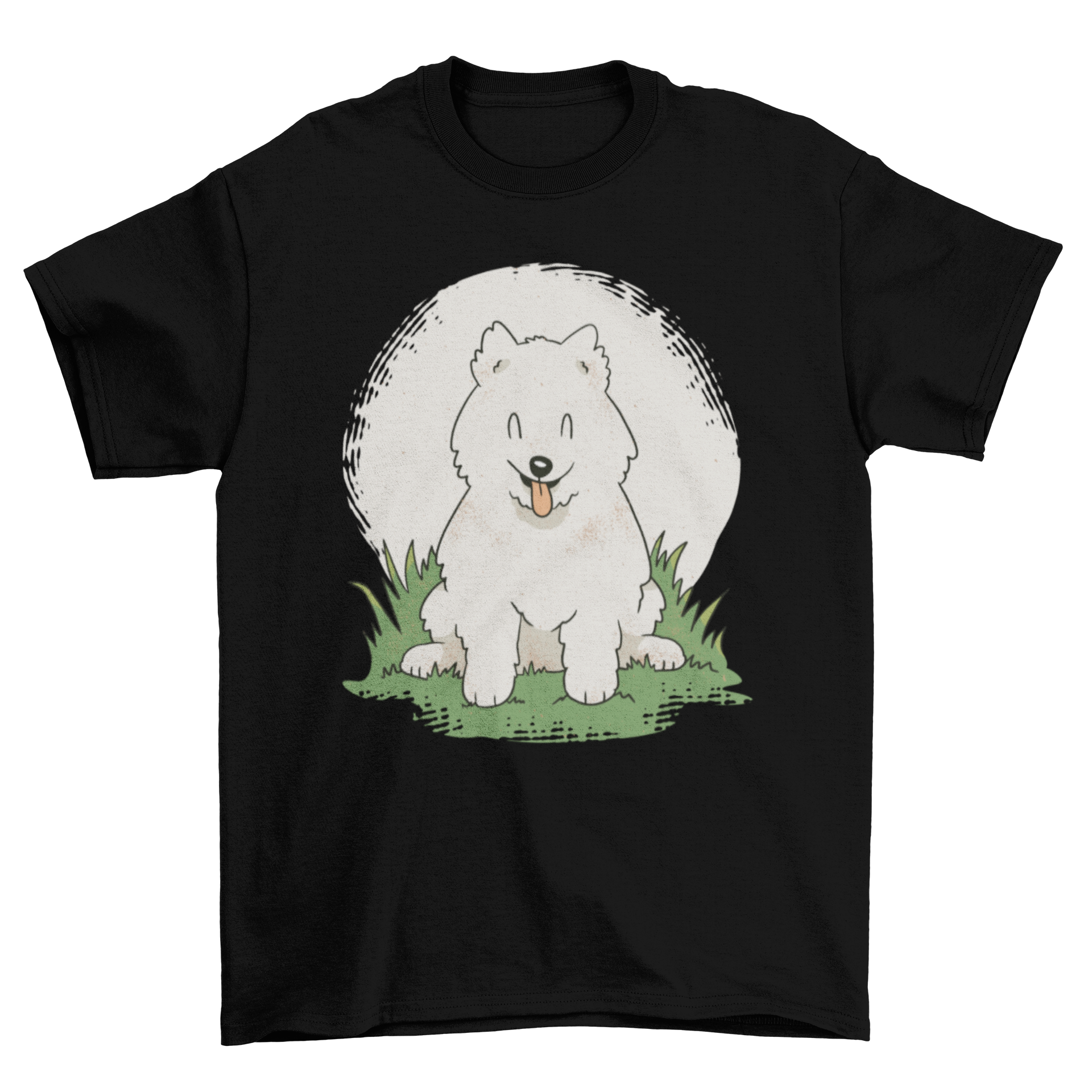 Happy Samoyed puppy smiling on a white t-shirt, perfect for dog lovers.