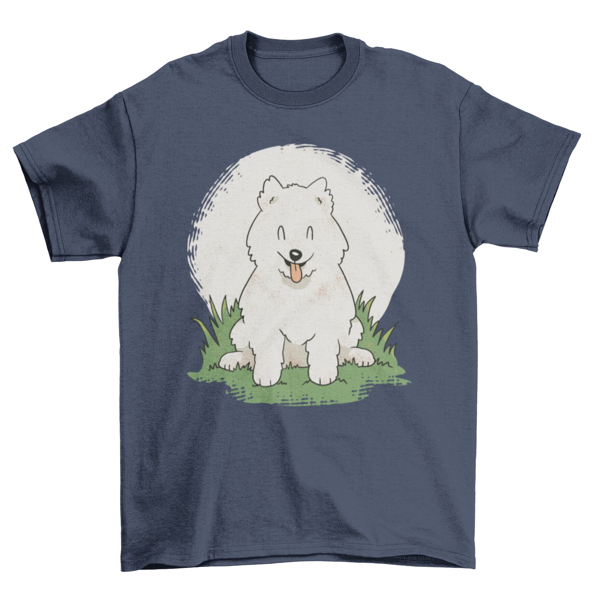 Happy Samoyed puppy smiling on a white t-shirt, perfect for dog lovers.