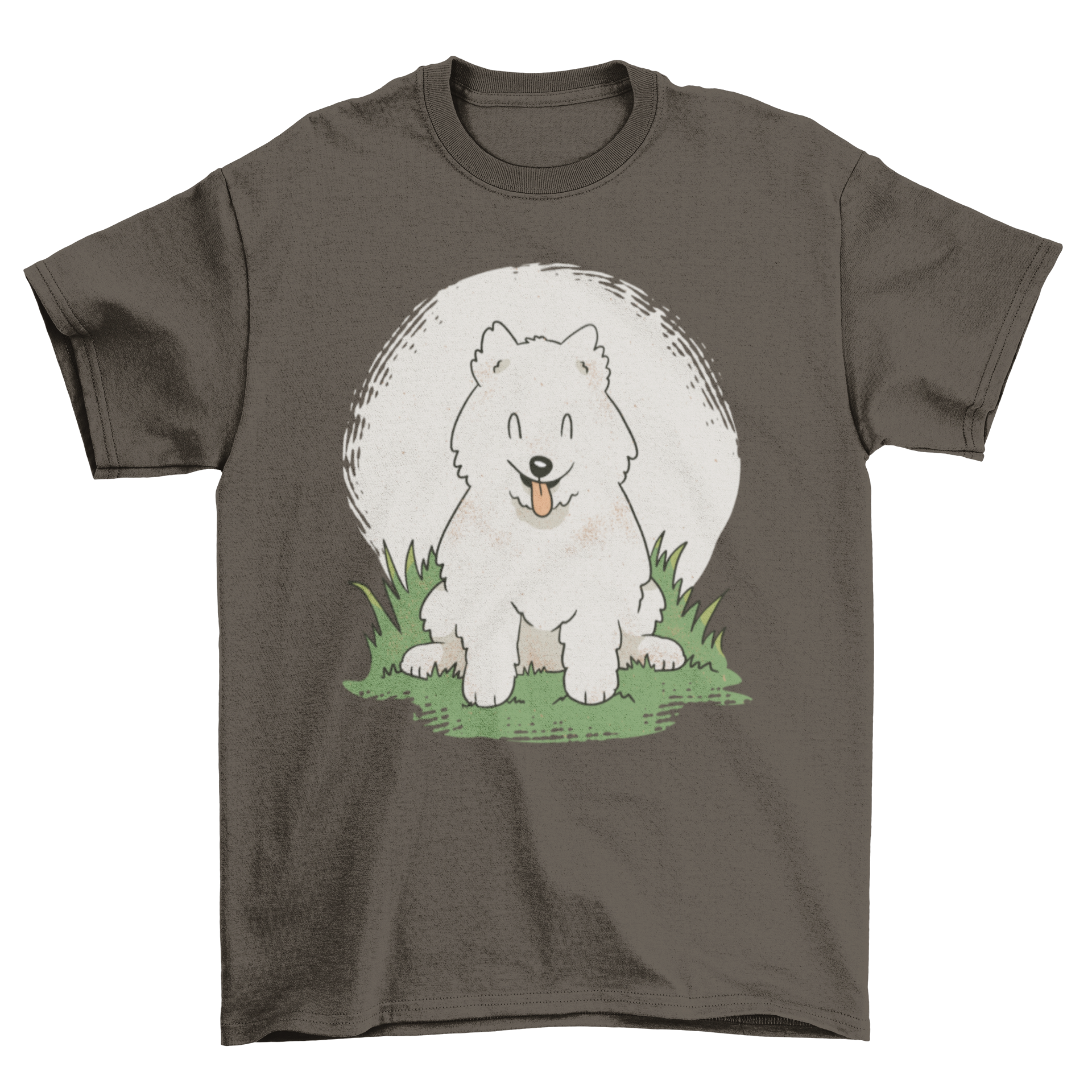 Happy Samoyed puppy smiling on a white t-shirt, perfect for dog lovers.