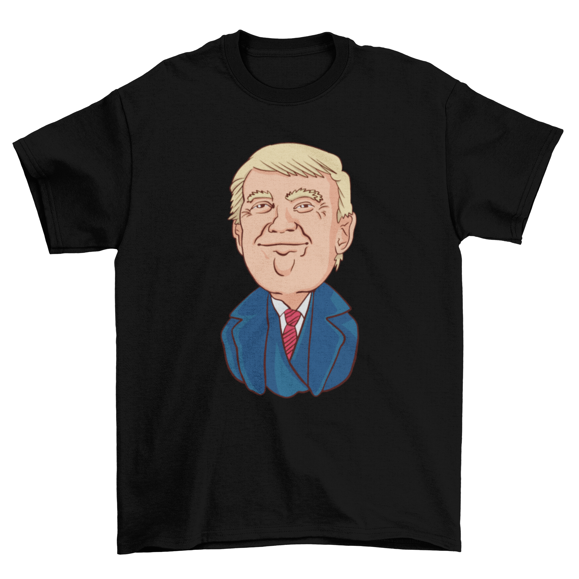 Happy Trump t-shirt featuring a smiling illustration of Donald Trump, vibrant colors on a comfortable cotton fabric.