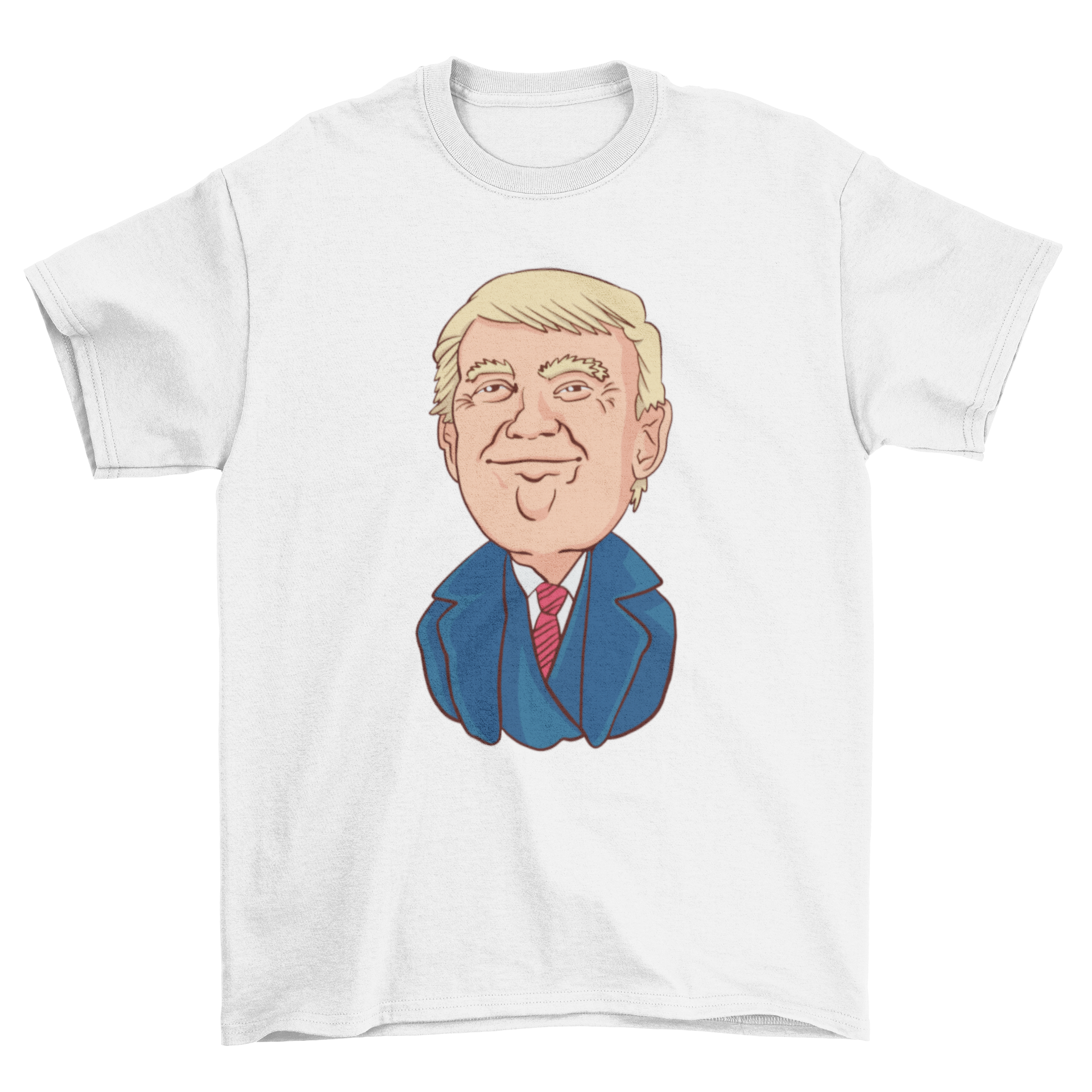 Happy Trump t-shirt featuring a smiling illustration of Donald Trump, vibrant colors on a comfortable cotton fabric.