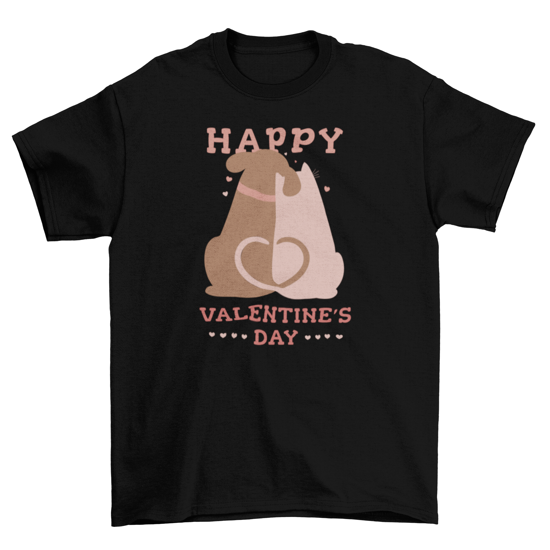 Happy Valentine's Day pets t-shirt featuring a cat and dog hugging with a festive design.