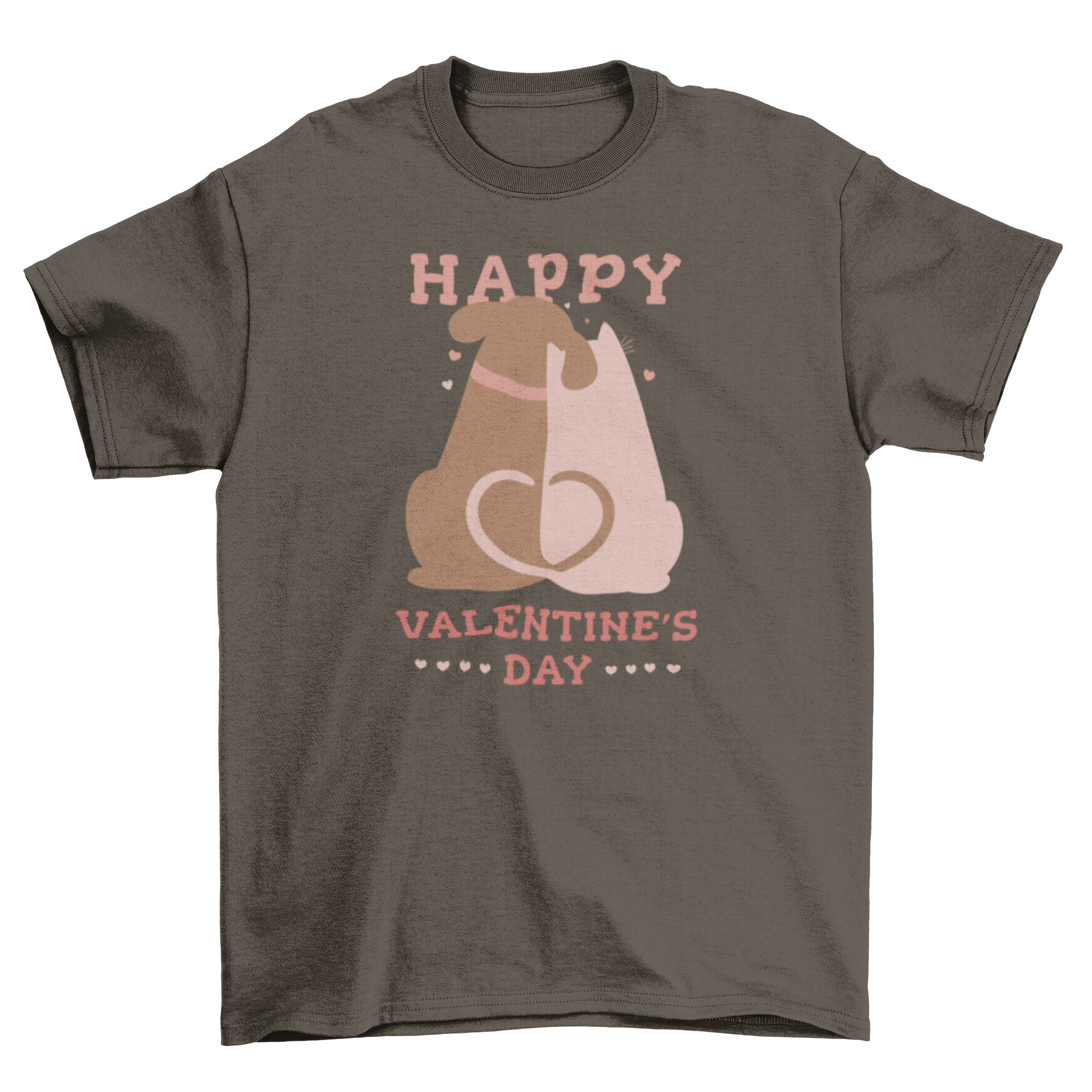 Happy Valentine's Day pets t-shirt featuring a cat and dog hugging with a festive design.