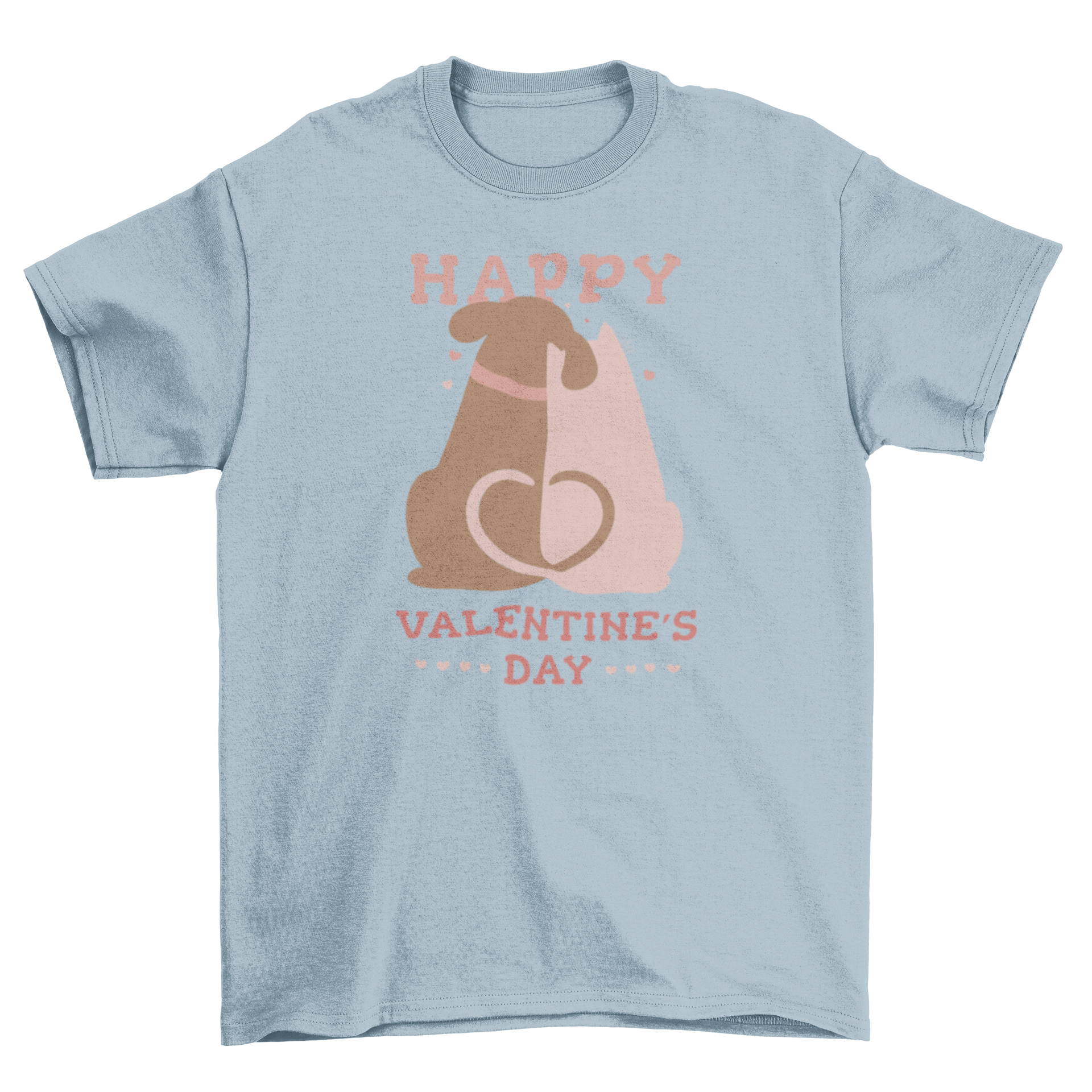 Happy Valentine's Day pets t-shirt featuring a cat and dog hugging with a festive design.