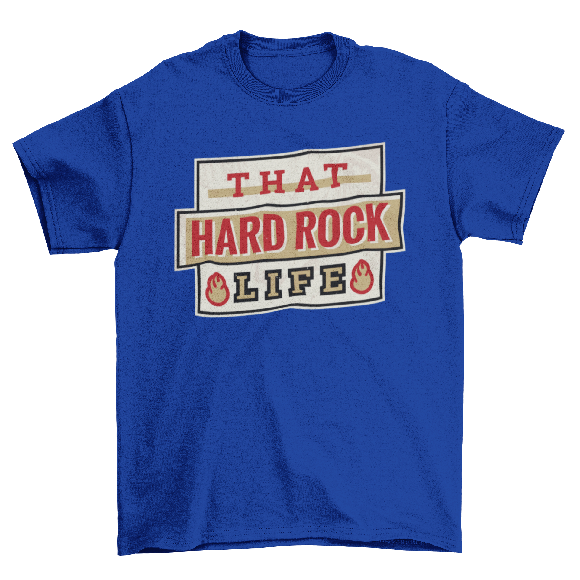 A stylish t-shirt featuring the caption 'That hard rock life' in various unique font styles, perfect for music lovers.