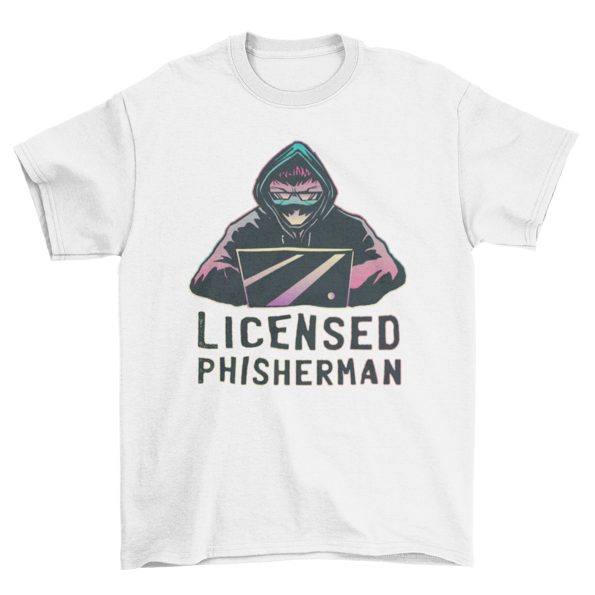 Hard Working Man on Computer T-Shirt featuring a man with a laptop and the phrase 'Licensed Phisherman'.