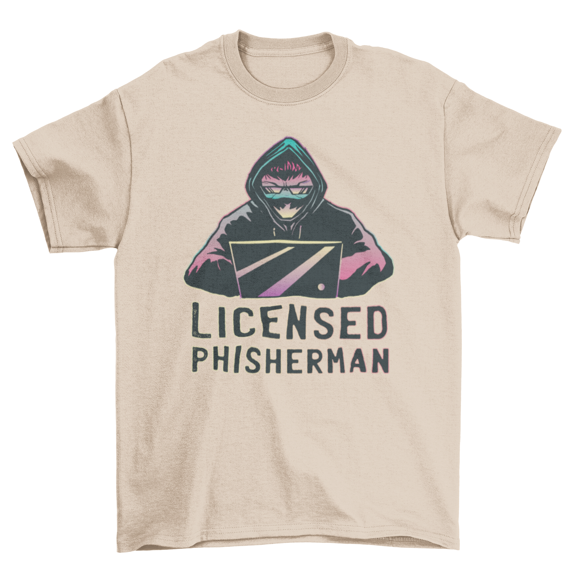 Hard Working Man on Computer T-Shirt featuring a man with a laptop and the phrase 'Licensed Phisherman'.