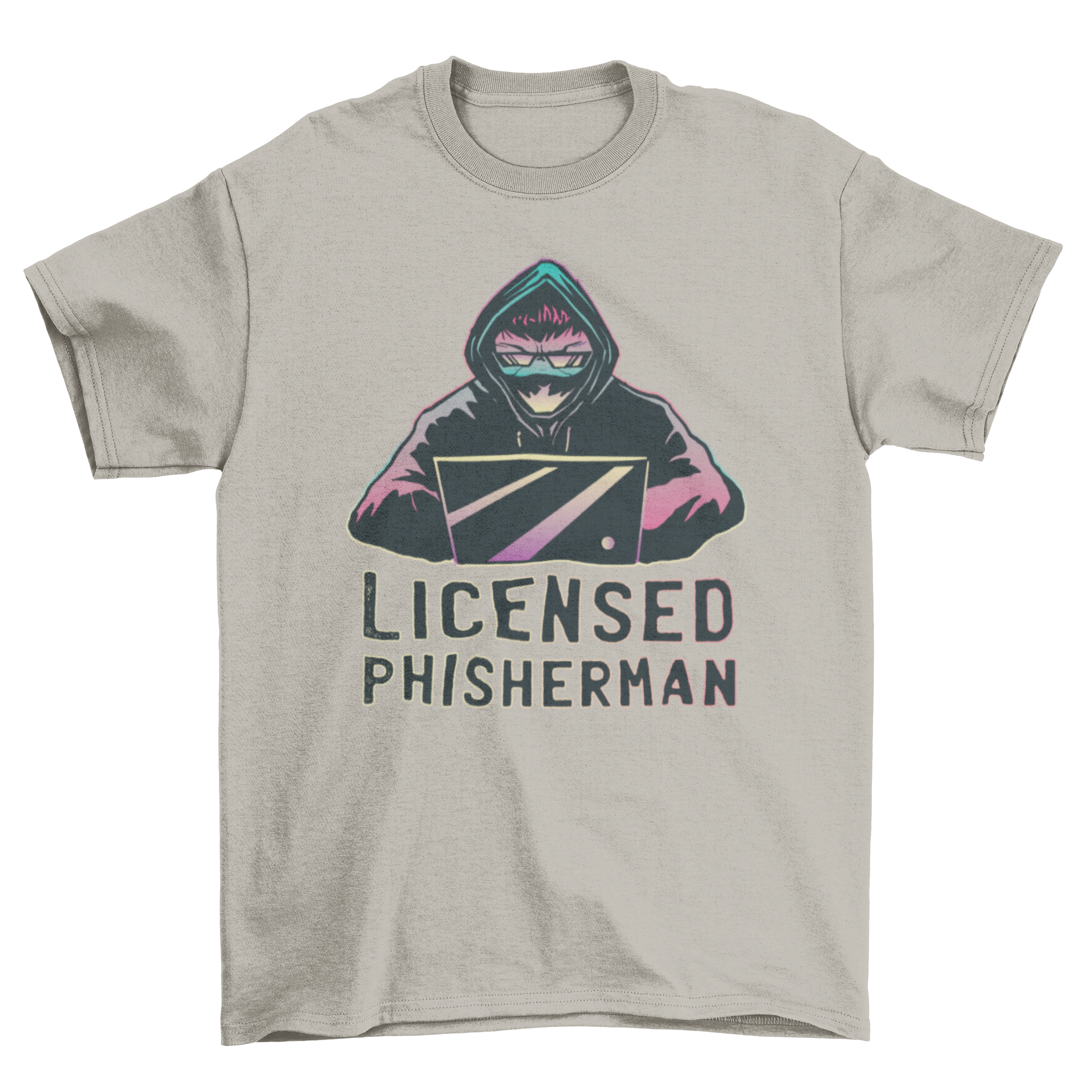 Hard Working Man on Computer T-Shirt featuring a man with a laptop and the phrase 'Licensed Phisherman'.