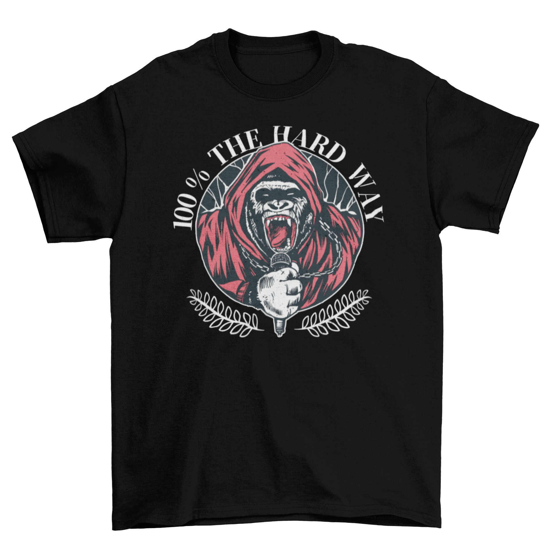 A black t-shirt featuring a fierce gorilla yelling into a microphone, representing hardcore music culture.