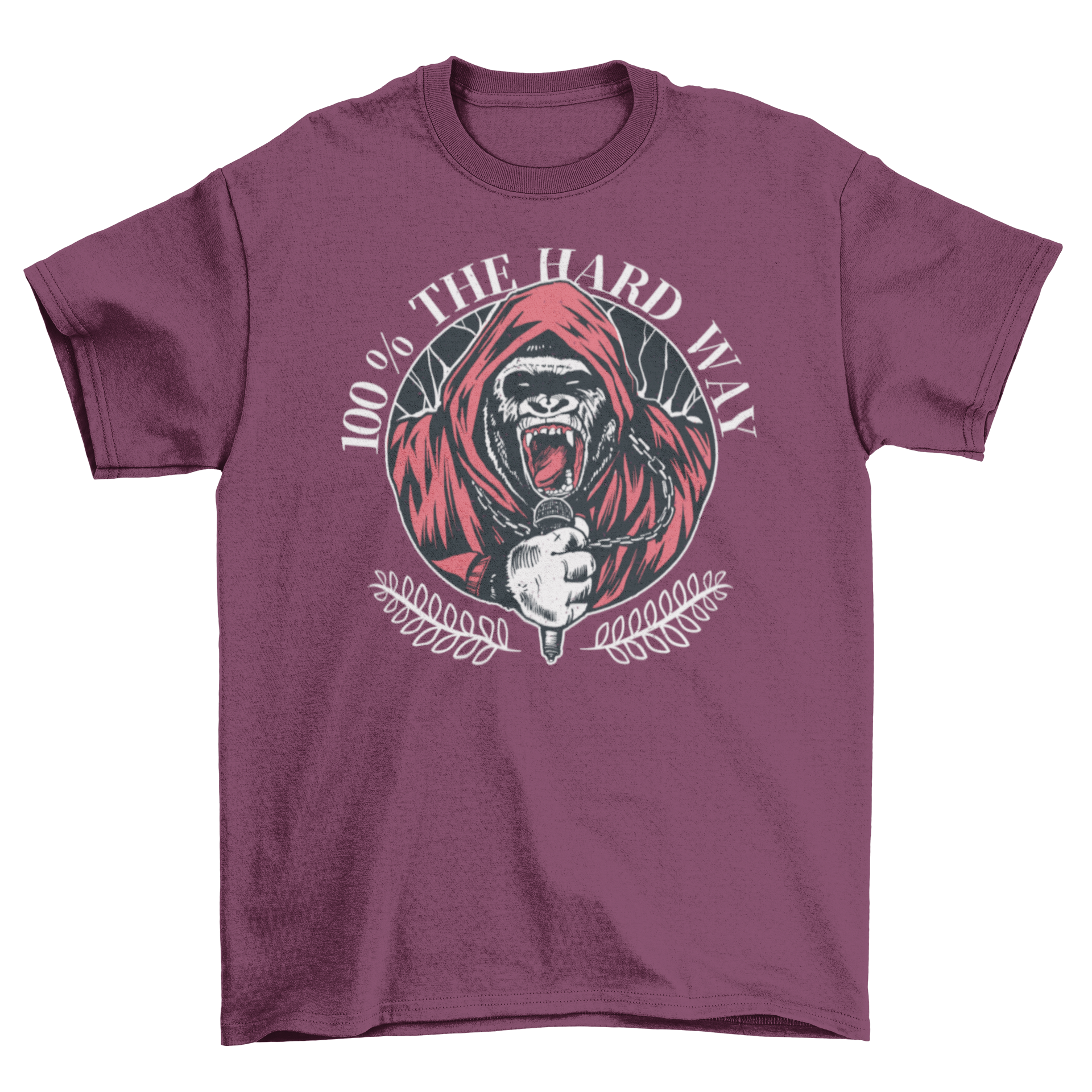 A black t-shirt featuring a fierce gorilla yelling into a microphone, representing hardcore music culture.