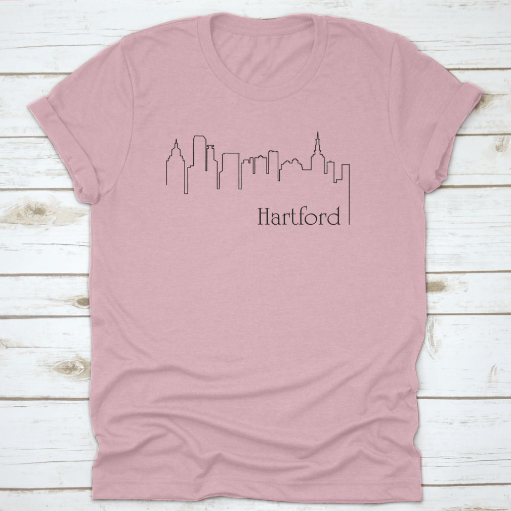 A stylish t-shirt featuring a one line drawing abstract background with a cityscape design, made from high-quality cotton.