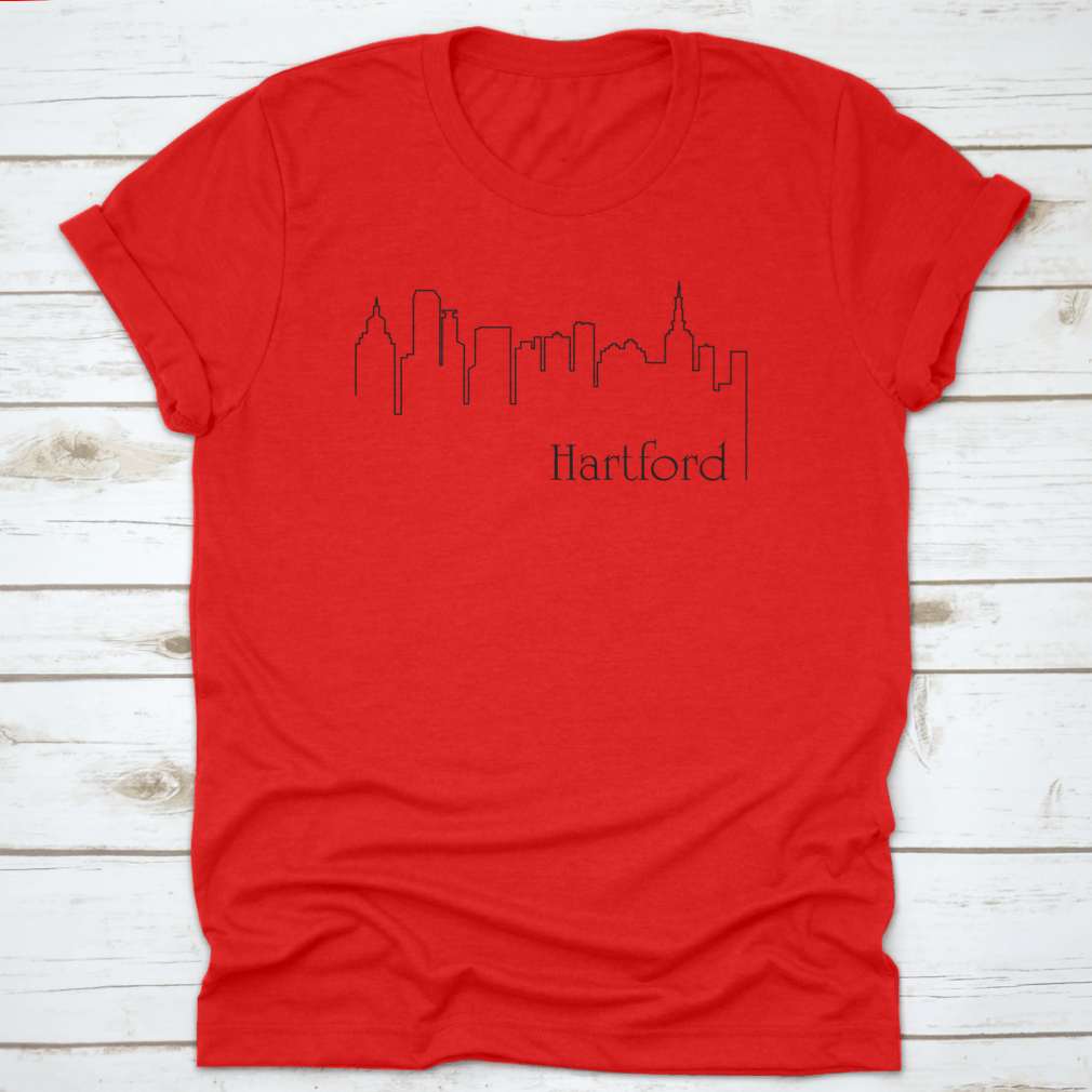 A stylish t-shirt featuring a one line drawing abstract background with a cityscape design, made from high-quality cotton.