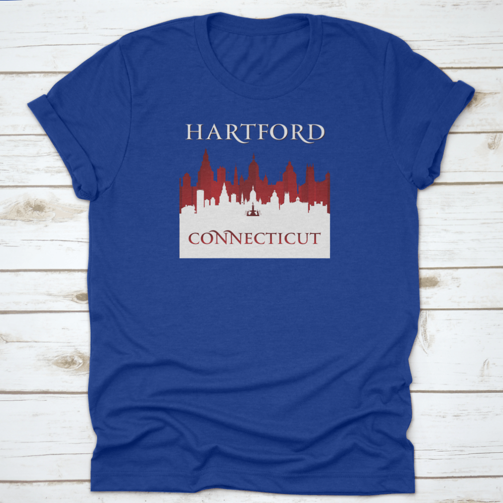 A stylish t-shirt featuring the Hartford Connecticut city skyline silhouette, showcasing the iconic buildings and landscape.