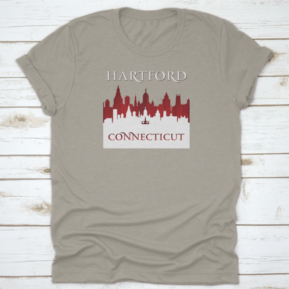 A stylish t-shirt featuring the Hartford Connecticut city skyline silhouette, showcasing the iconic buildings and landscape.