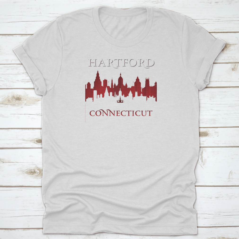 A stylish t-shirt featuring the Hartford Connecticut city skyline silhouette, showcasing the iconic buildings and landscape.