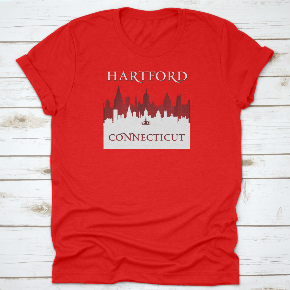 A stylish t-shirt featuring the Hartford Connecticut city skyline silhouette, showcasing the iconic buildings and landscape.