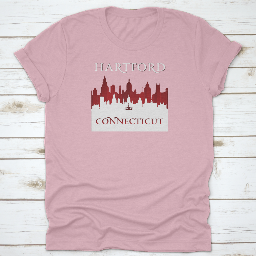 A stylish t-shirt featuring the Hartford Connecticut city skyline silhouette, showcasing the iconic buildings and landscape.