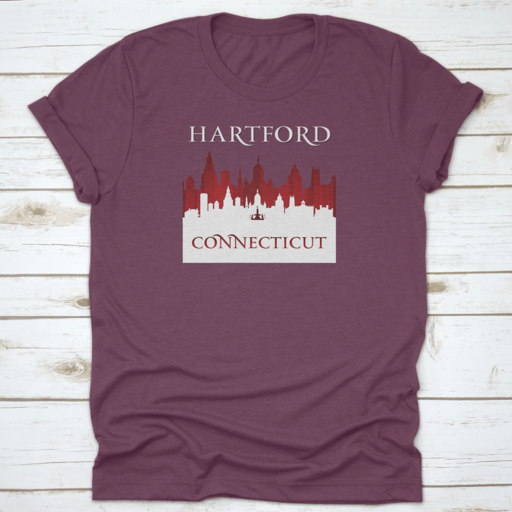 A stylish t-shirt featuring the Hartford Connecticut city skyline silhouette, showcasing the iconic buildings and landscape.