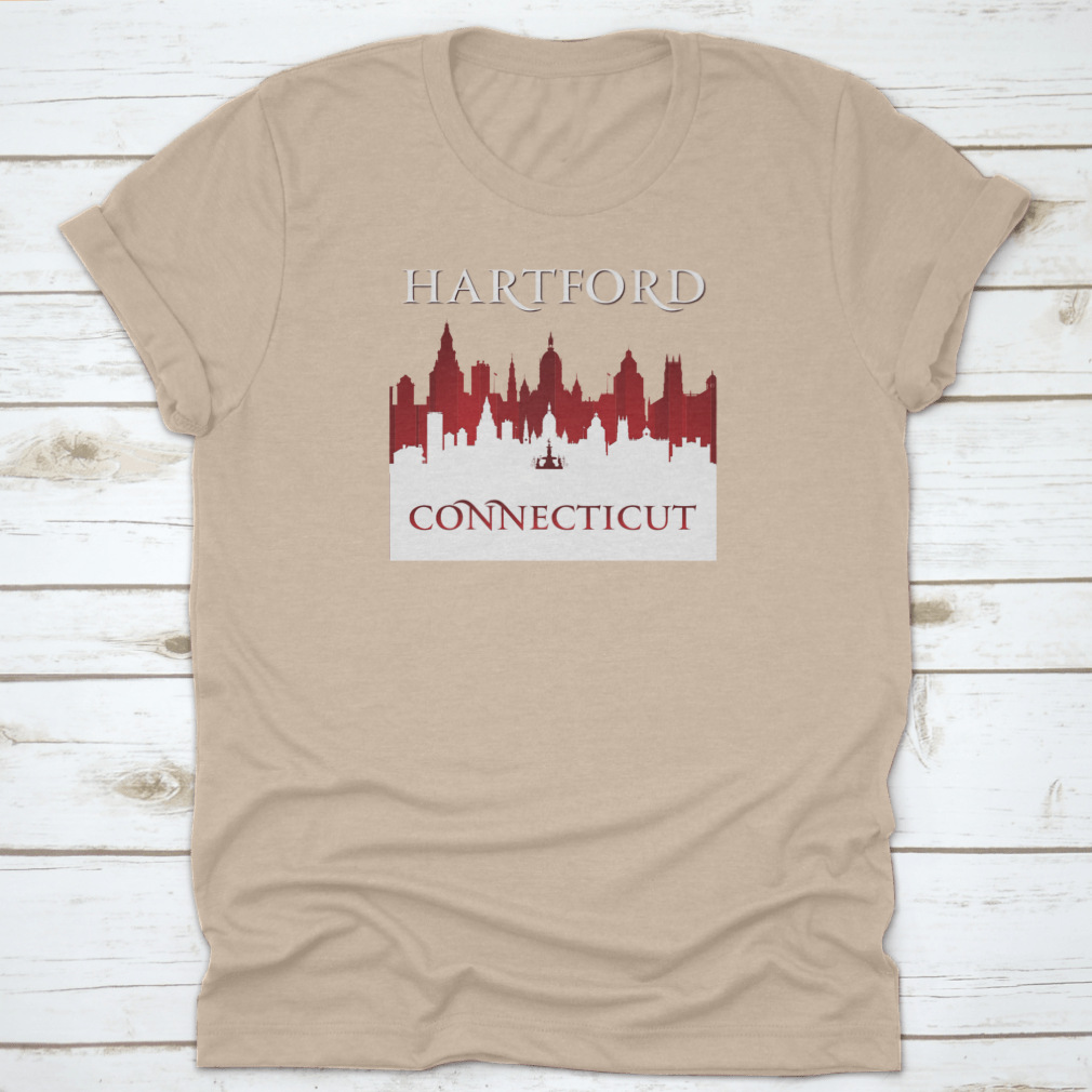 A stylish t-shirt featuring the Hartford Connecticut city skyline silhouette, showcasing the iconic buildings and landscape.