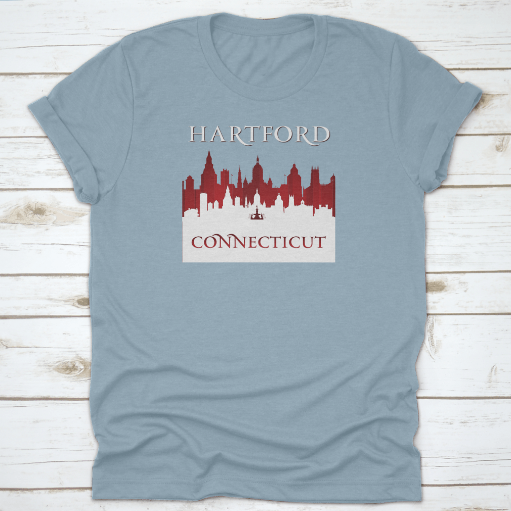 A stylish t-shirt featuring the Hartford Connecticut city skyline silhouette, showcasing the iconic buildings and landscape.