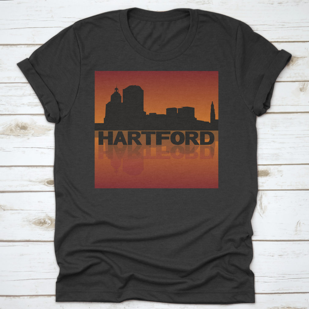 Vector illustration of Hartford skyline reflected in sunset, showcasing vibrant colors and iconic buildings.