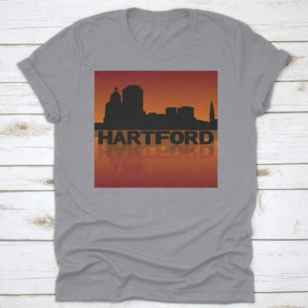 Vector illustration of Hartford skyline reflected in sunset, showcasing vibrant colors and iconic buildings.