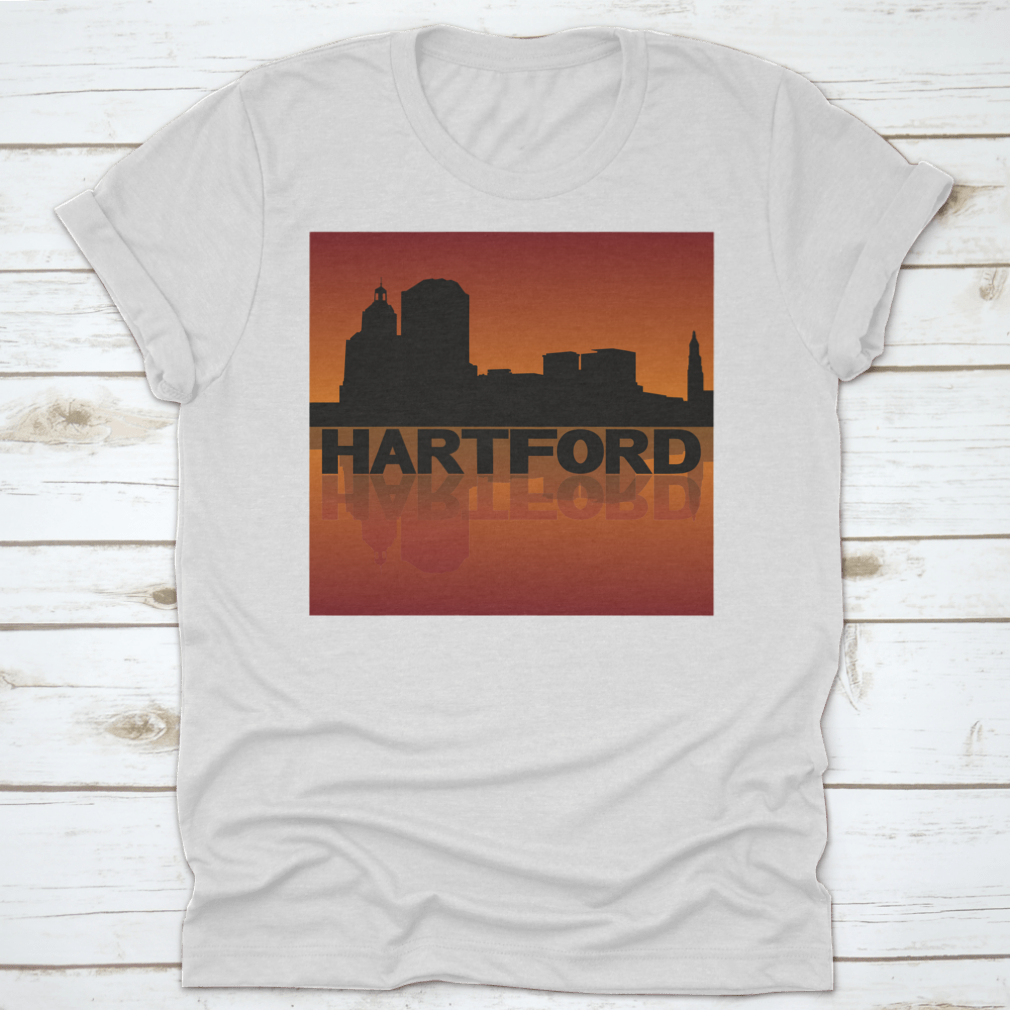 Vector illustration of Hartford skyline reflected in sunset, showcasing vibrant colors and iconic buildings.