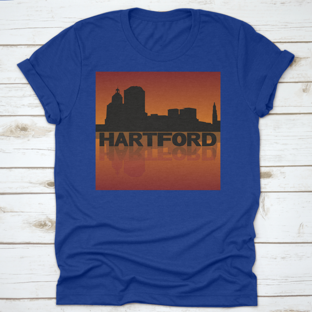 Vector illustration of Hartford skyline reflected in sunset, showcasing vibrant colors and iconic buildings.