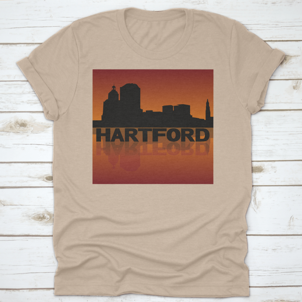 Vector illustration of Hartford skyline reflected in sunset, showcasing vibrant colors and iconic buildings.