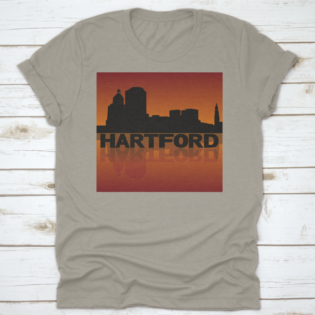 Vector illustration of Hartford skyline reflected in sunset, showcasing vibrant colors and iconic buildings.