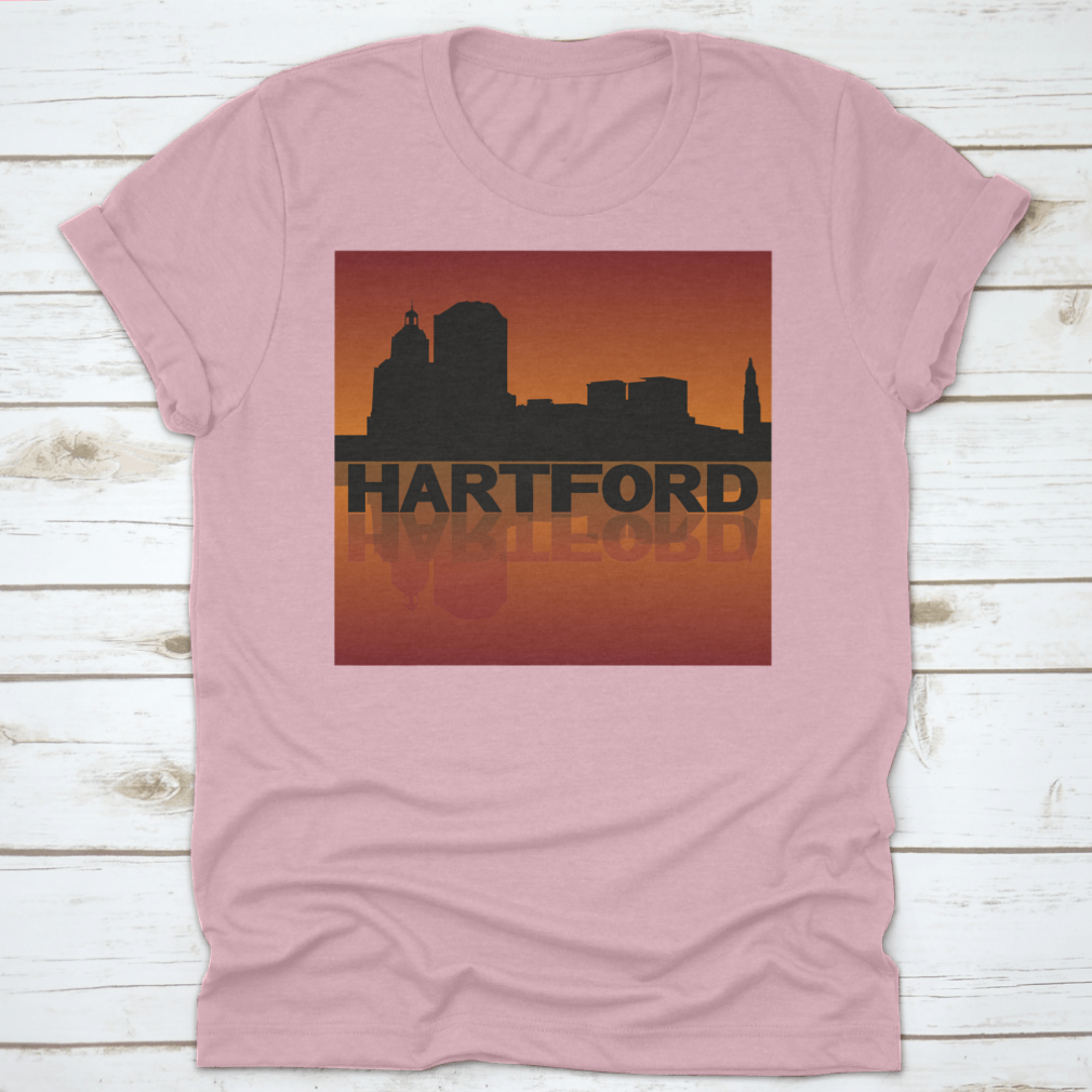 Vector illustration of Hartford skyline reflected in sunset, showcasing vibrant colors and iconic buildings.