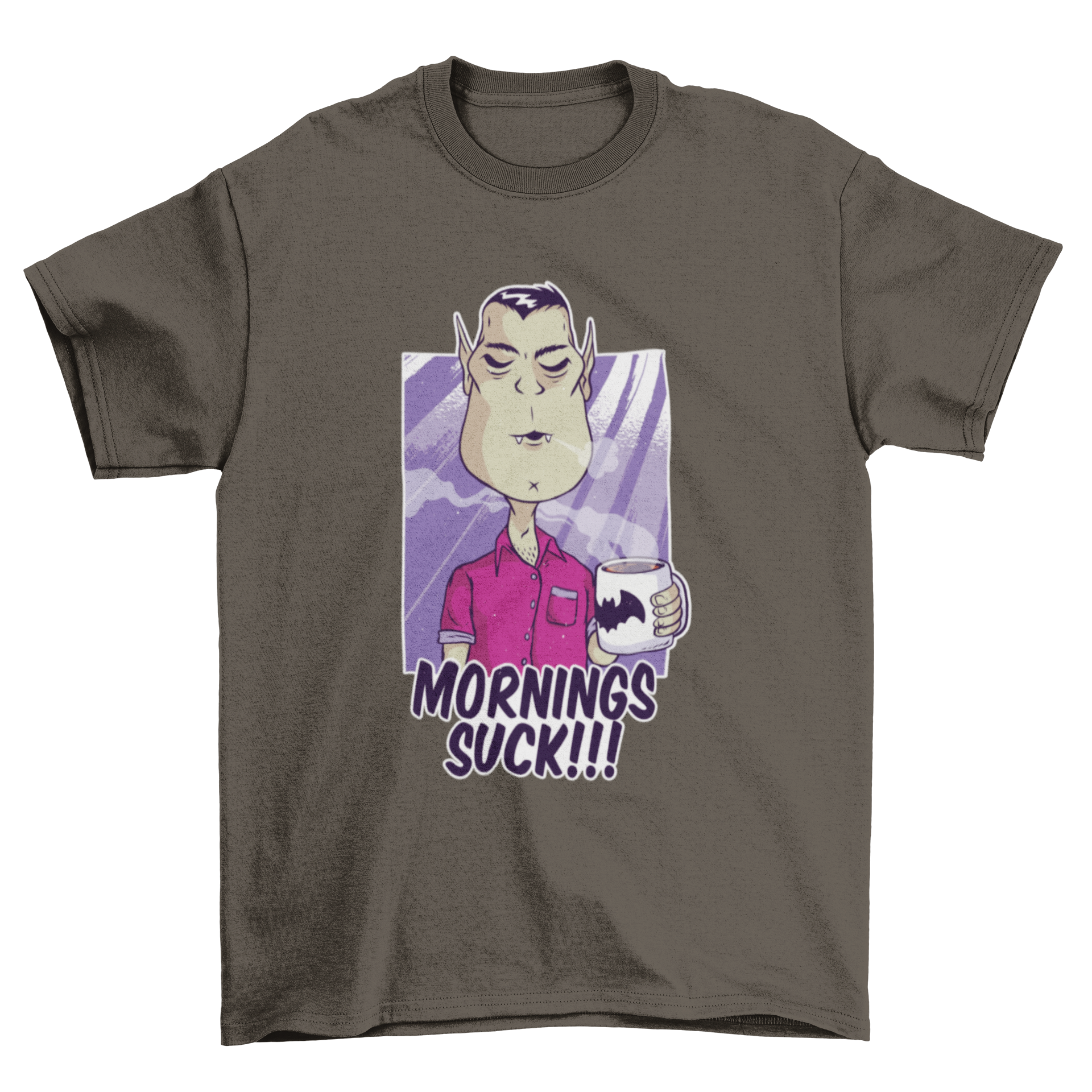 Hate Mornings T-shirt Design featuring a cartoon Dracula holding a coffee mug with 'Mornings Suck!!!' text.