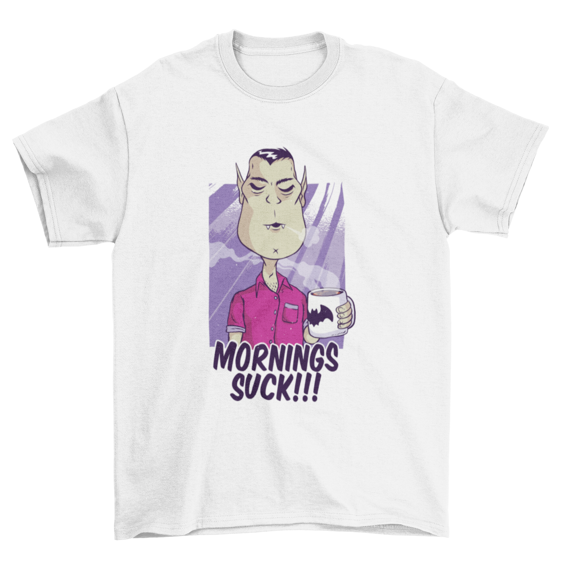 Hate Mornings T-shirt Design featuring a cartoon Dracula holding a coffee mug with 'Mornings Suck!!!' text.