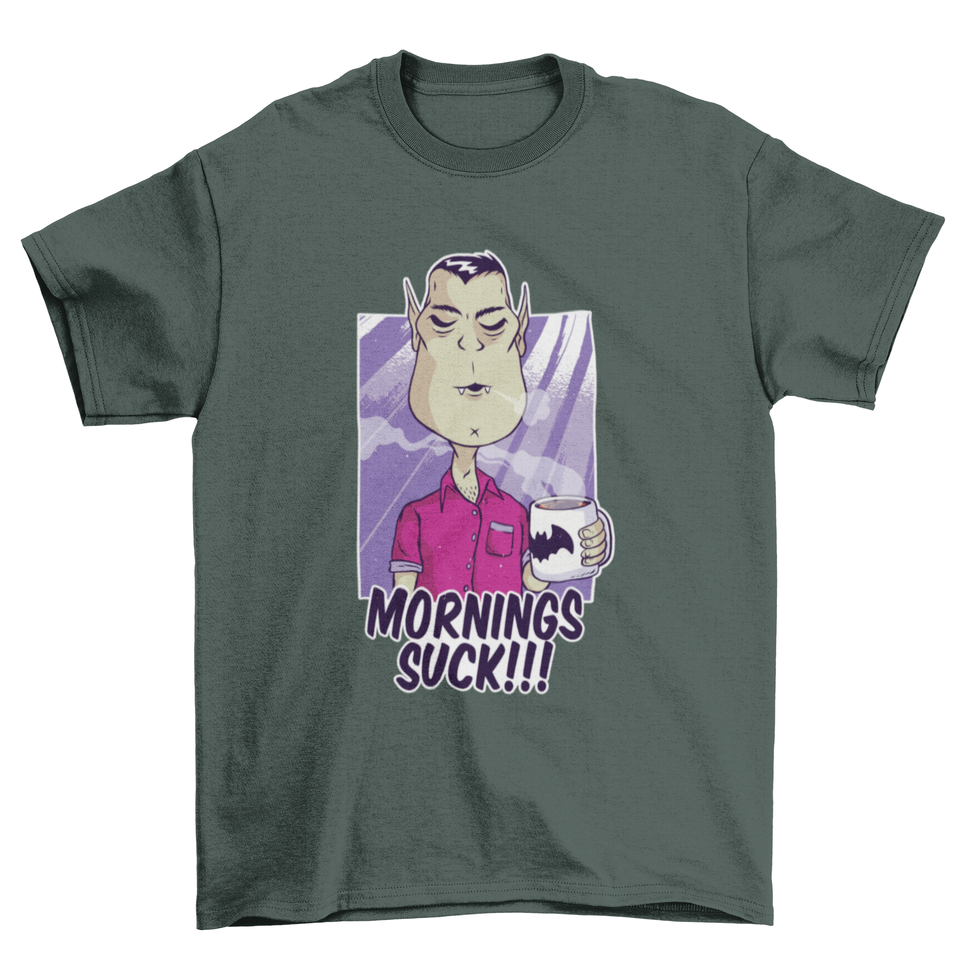 Hate Mornings T-shirt Design featuring a cartoon Dracula holding a coffee mug with 'Mornings Suck!!!' text.