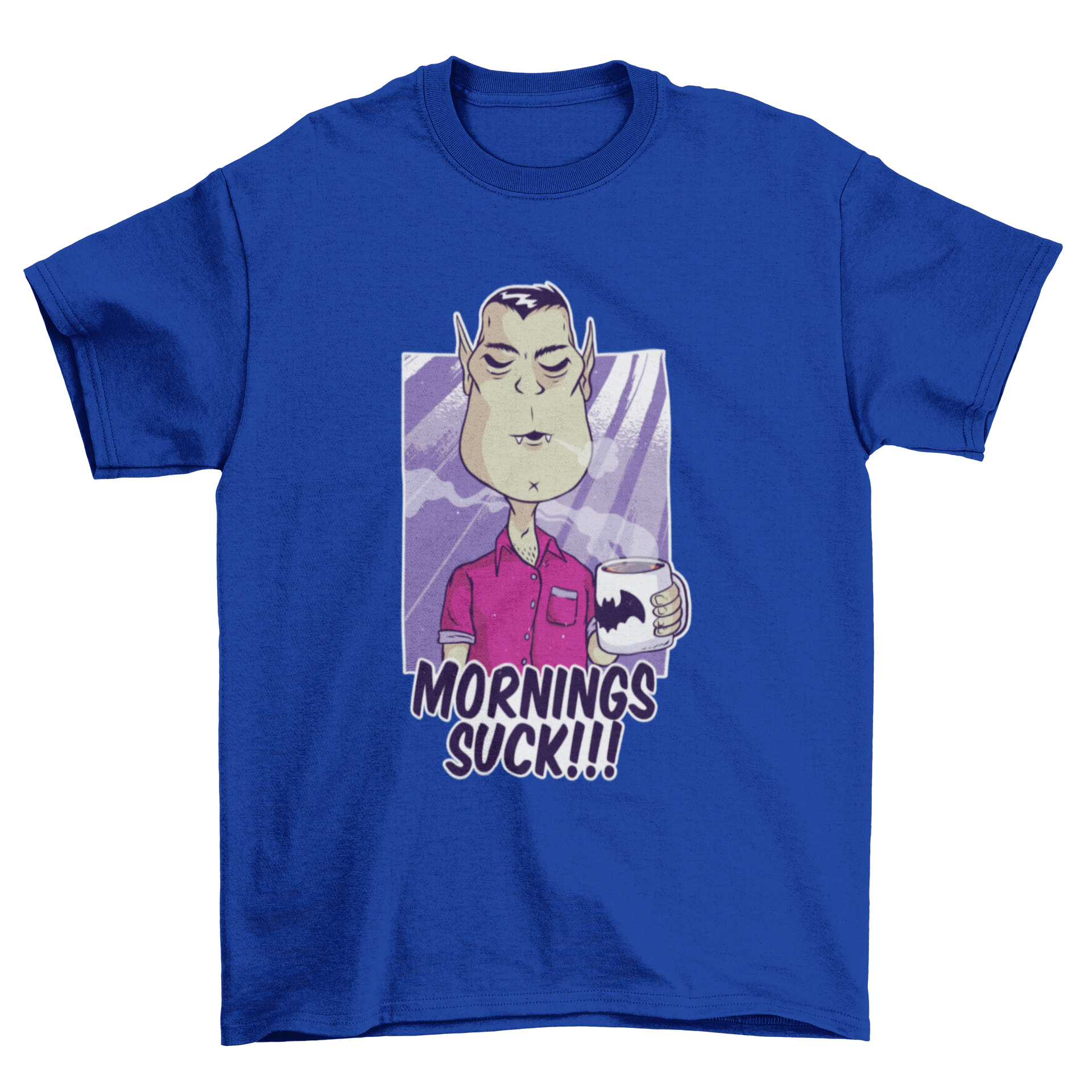 Hate Mornings T-shirt Design featuring a cartoon Dracula holding a coffee mug with 'Mornings Suck!!!' text.