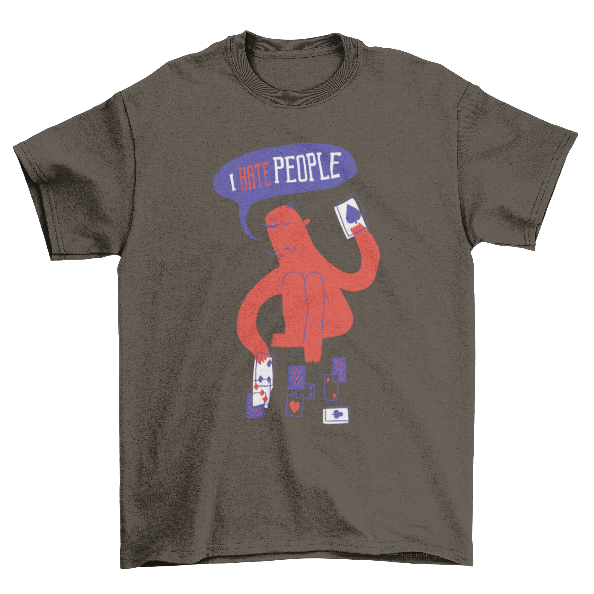 Hate People Cards T-Shirt featuring a red man playing cards with an abstract design and 'I hate people' caption.