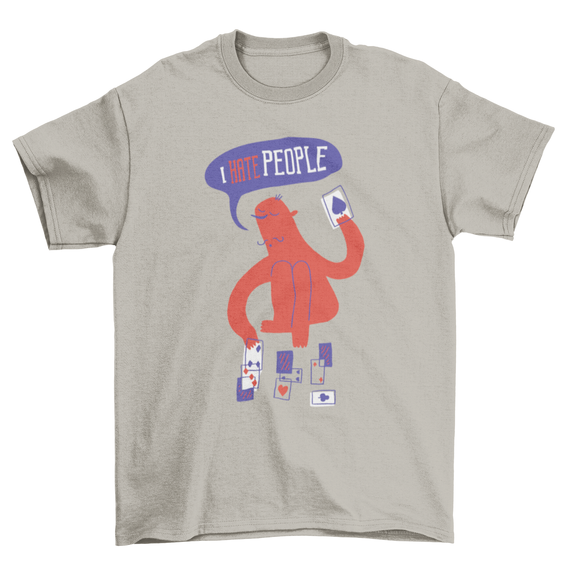 Hate People Cards T-Shirt featuring a red man playing cards with an abstract design and 'I hate people' caption.