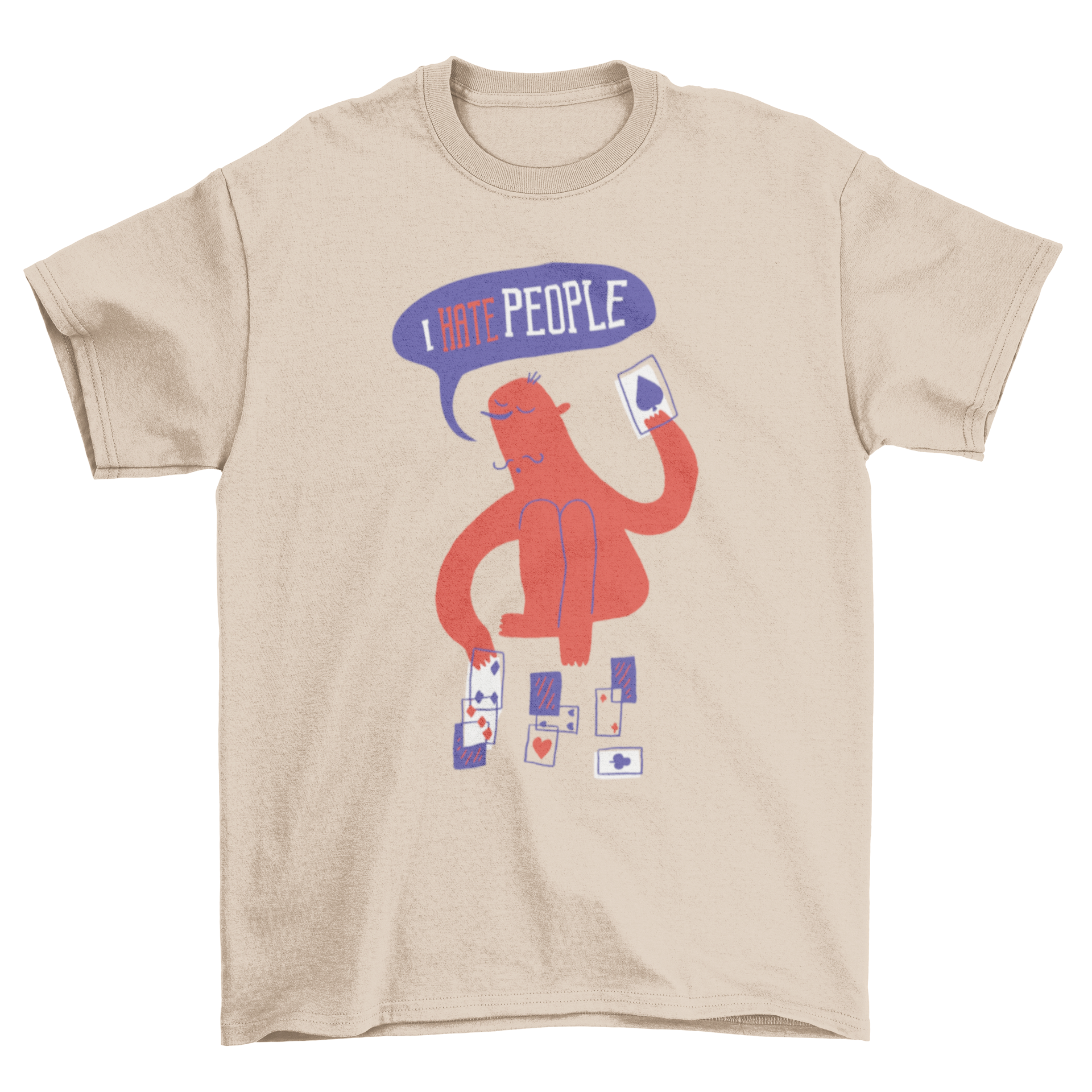 Hate People Cards T-Shirt featuring a red man playing cards with an abstract design and 'I hate people' caption.