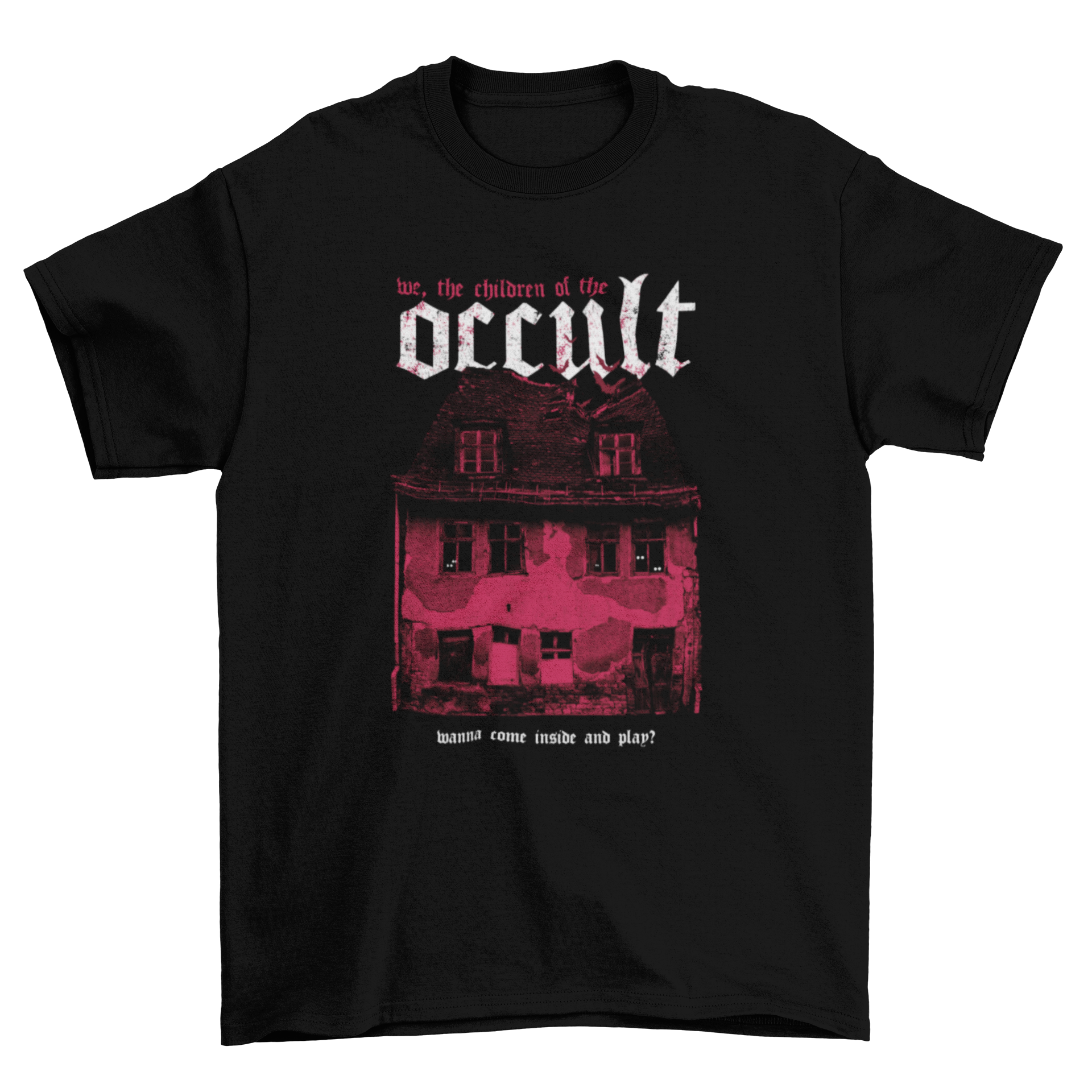 Haunted house horror t-shirt featuring an eerie old house and a chilling quote.