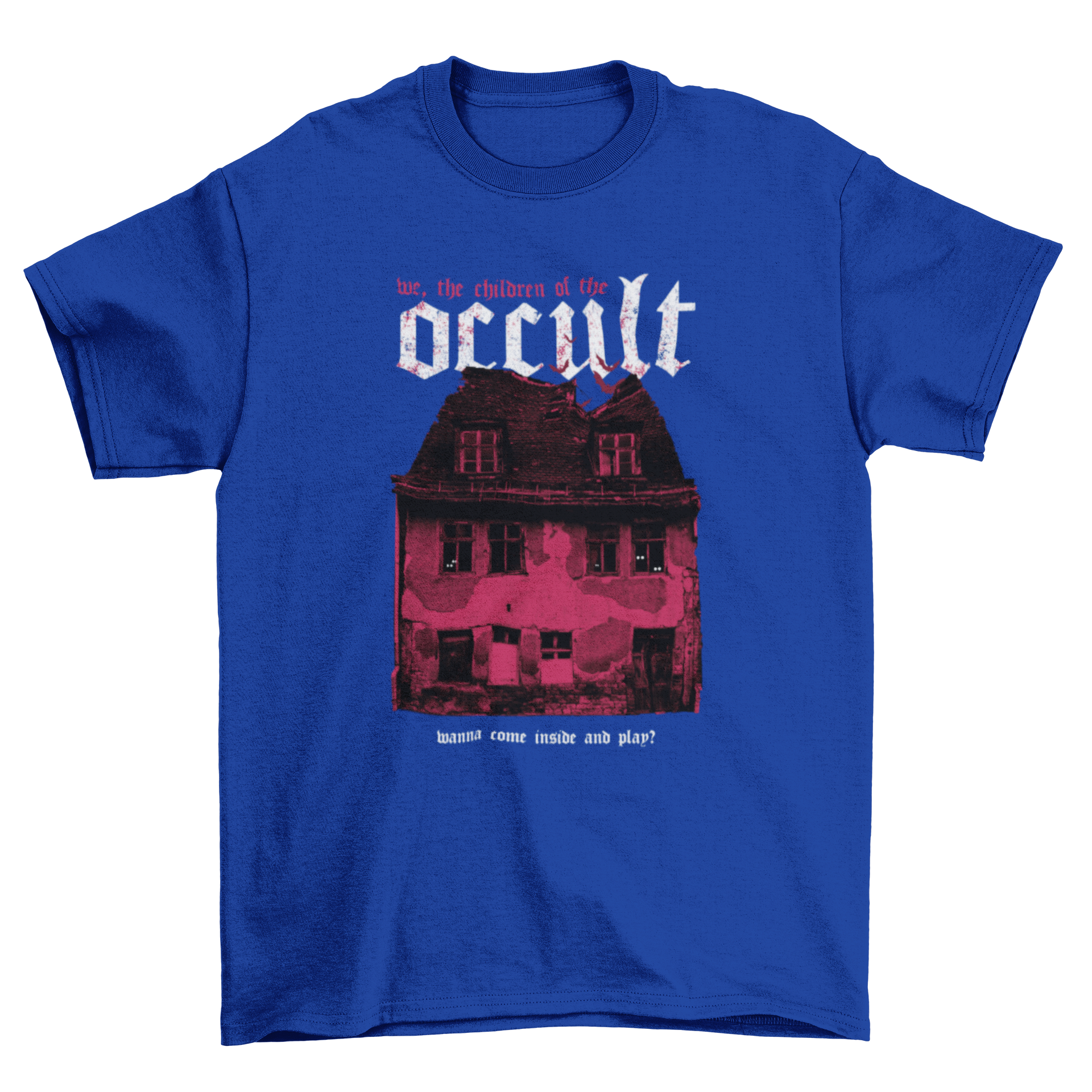 Haunted house horror t-shirt featuring an eerie old house and a chilling quote.