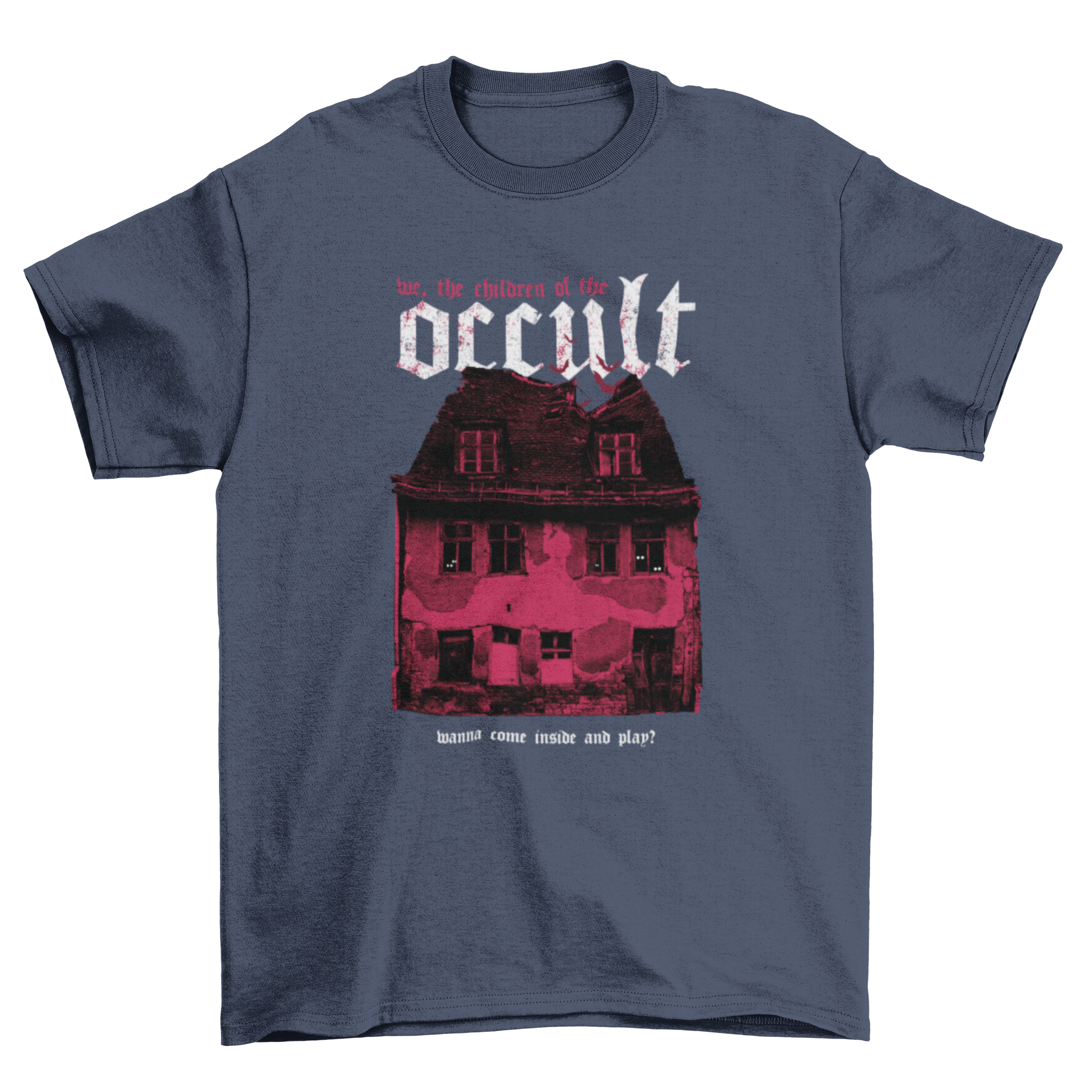 Haunted house horror t-shirt featuring an eerie old house and a chilling quote.